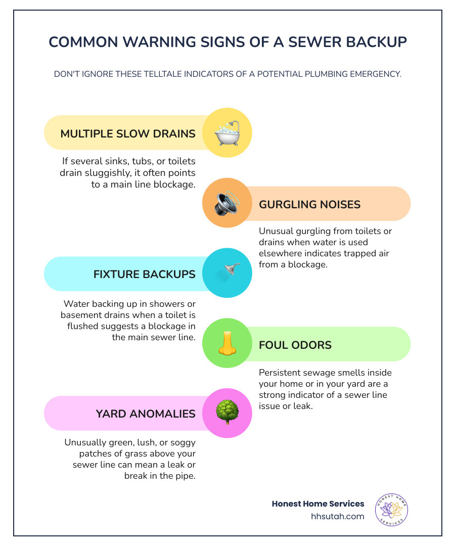 infographic showing common warning signs of sewer backup including multiple slow drains throughout the home, gurgling or bubbling sounds from toilets and drains, water backing up in basement floor drains or showers when toilets are flushed, foul sewage odors indoors or in the yard, unusually green or soggy patches of grass above the sewer line, and sewage visible in the cleanout pipe - Sewage backup repair infographic infographic-line-5-steps-colors infographic showing common warning signs of sewer backup including multiple slow drains throughout the home, gurgling or bubbling sounds from toilets and drains, water backing up in basement floor drains or showers when toilets are flushed, foul sewage odors indoors or in the yard, unusually green or soggy patches of grass above the sewer line, and sewage visible in the cleanout pipe - Sewage backup repair infographic infographic-line-5-steps-colors