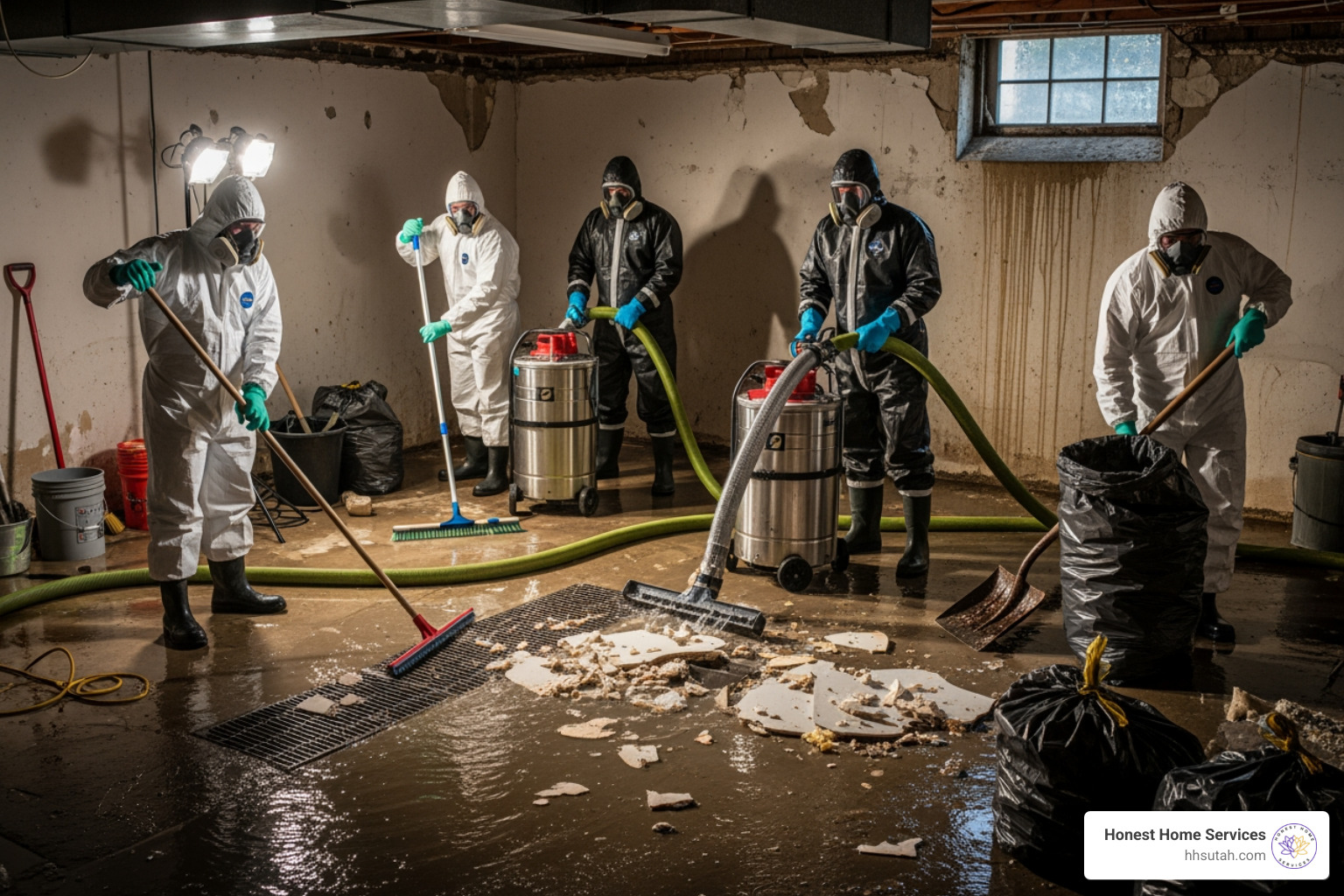 Professionals in full PPE cleaning a basement - Sewage backup repair Professionals in full PPE cleaning a basement - Sewage backup repair