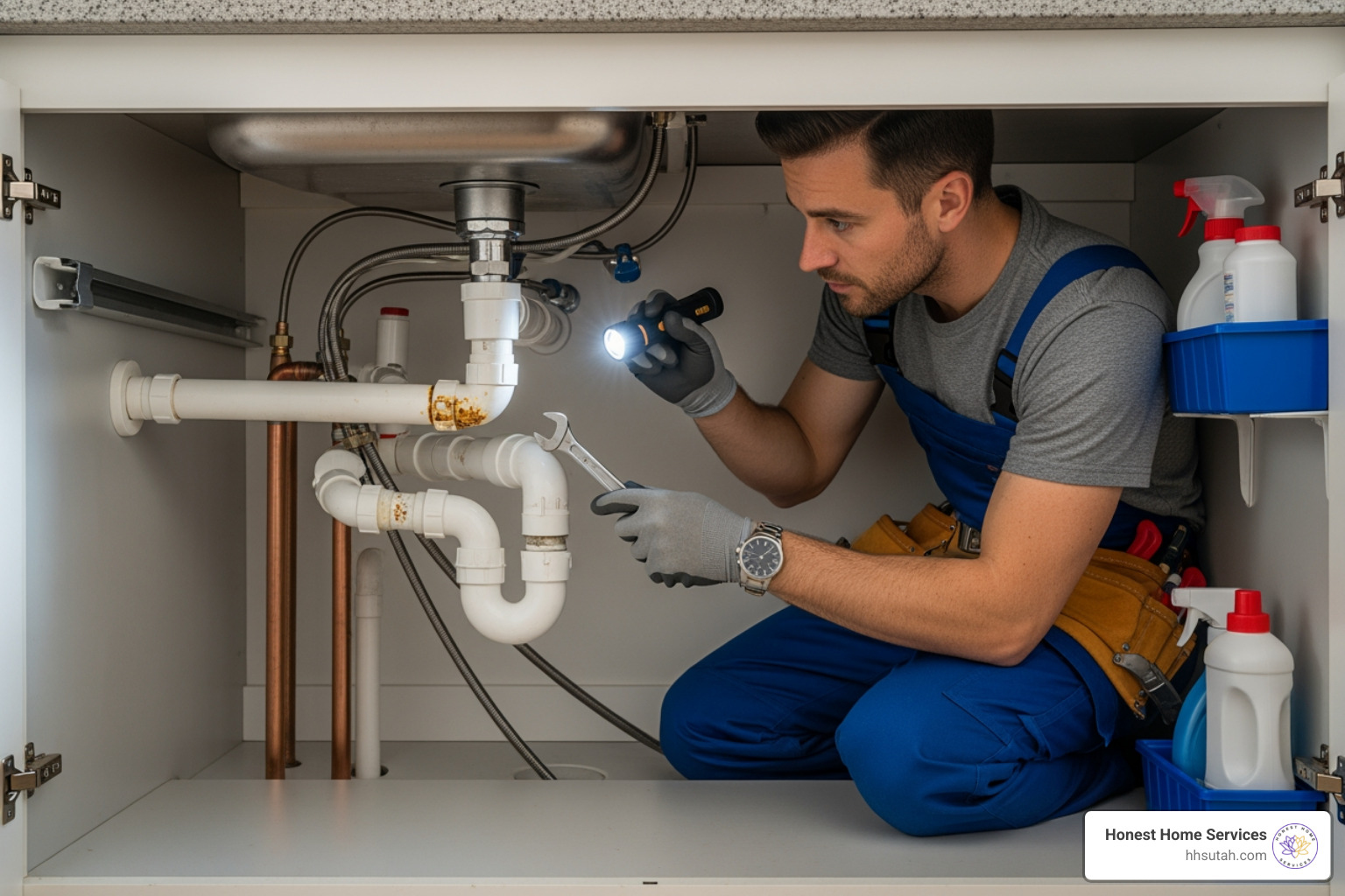 Plumber inspecting pipes under a sink - Drain odor removal Plumber inspecting pipes under a sink - Drain odor removal
