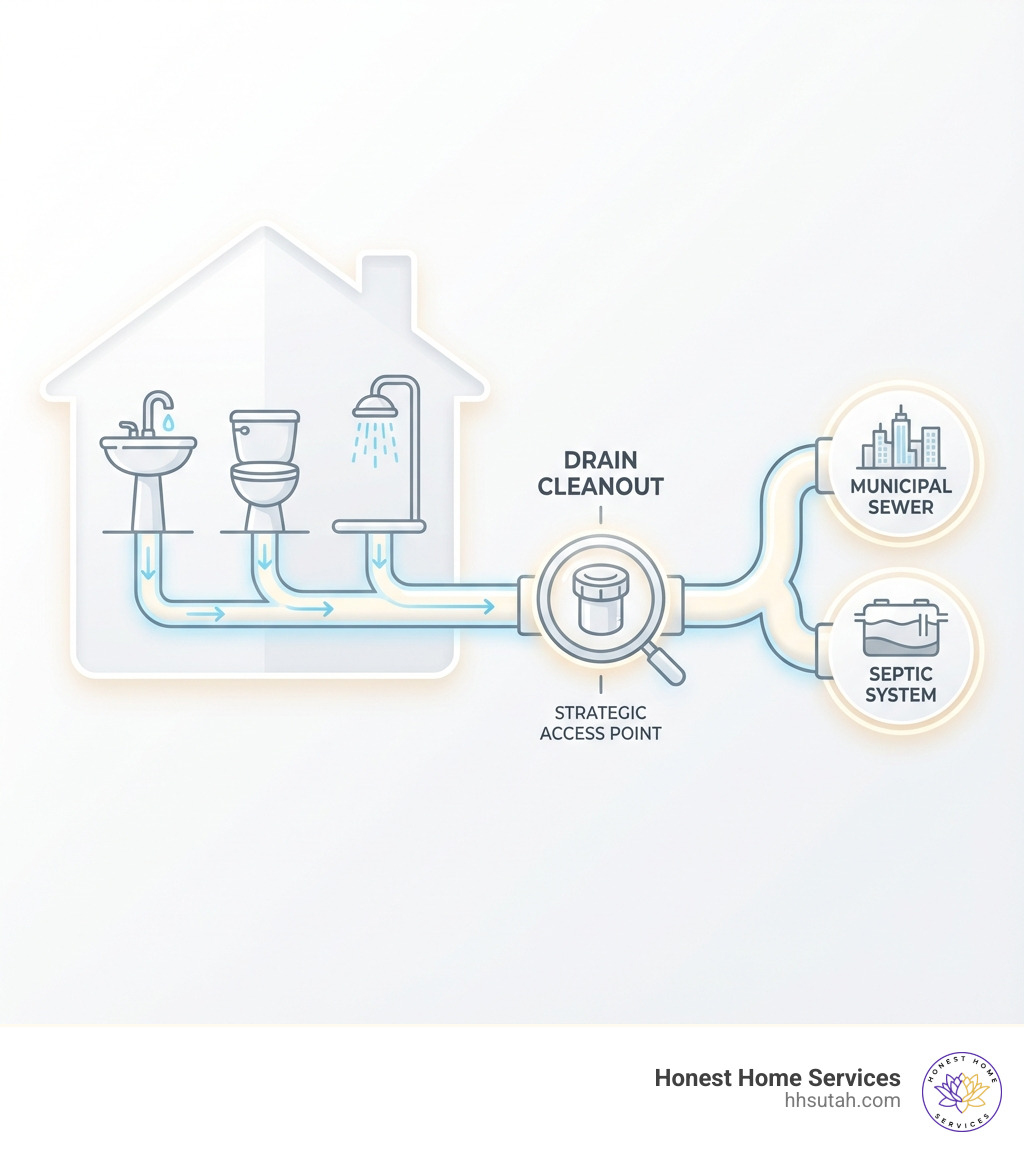 infographic showing wastewater flow from home fixtures through drain pipes to the main sewer line, with the drain cleanout marked as a strategic access point before the connection to the municipal sewer or septic system - drain clean out infographic infographic showing wastewater flow from home fixtures through drain pipes to the main sewer line, with the drain cleanout marked as a strategic access point before the connection to the municipal sewer or septic system - drain clean out infographic