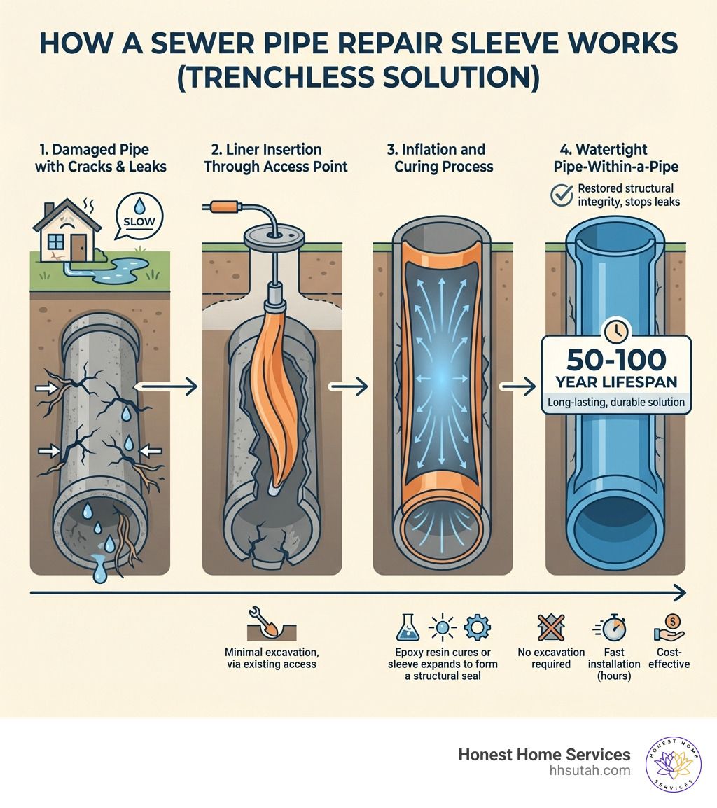 Infographic showing how a sewer pipe repair sleeve works: damaged pipe with cracks, liner insertion through access point, inflation and curing process, final watertight pipe-within-a-pipe with 50-100 year lifespan - sewer pipe repair sleeve infographic Infographic showing how a sewer pipe repair sleeve works: damaged pipe with cracks, liner insertion through access point, inflation and curing process, final watertight pipe-within-a-pipe with 50-100 year lifespan - sewer pipe repair sleeve infographic