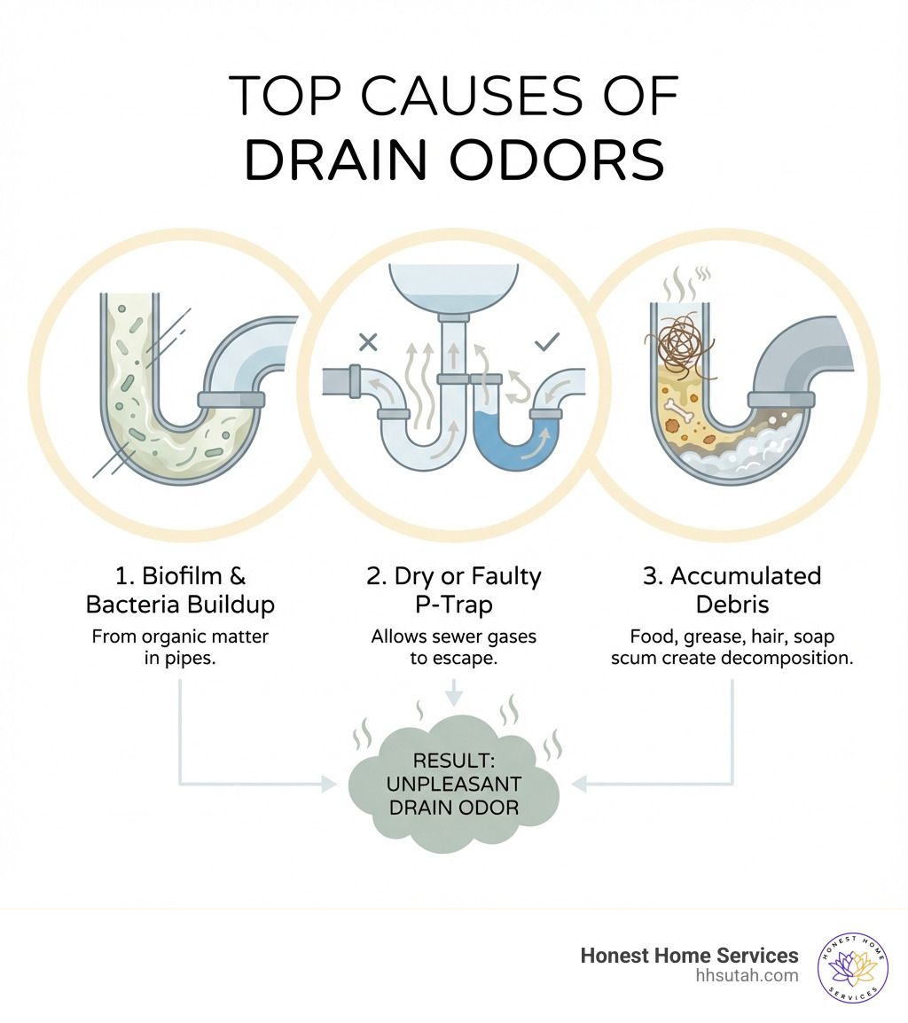 Infographic showing the top causes of drain odors: biofilm and bacteria buildup from organic matter in pipes, dry or faulty P-trap allowing sewer gases to escape, and accumulated food debris, grease, hair and soap scum creating decomposition - Drain odor removal infographic Infographic showing the top causes of drain odors: biofilm and bacteria buildup from organic matter in pipes, dry or faulty P-trap allowing sewer gases to escape, and accumulated food debris, grease, hair and soap scum creating decomposition - Drain odor removal infographic