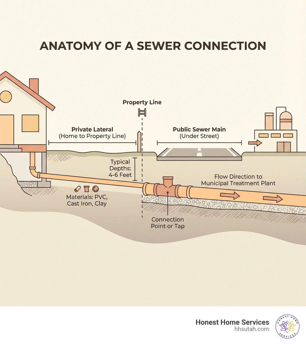 Infographic showing the anatomy of a sewer connection, including the private lateral from home to property line, the connection point or tap, the public sewer main under the street, different pipe materials used, typical depths of 4-6 feet, and the flow direction to the municipal treatment plant - connecting to sewer main line infographic Infographic showing the anatomy of a sewer connection, including the private lateral from home to property line, the connection point or tap, the public sewer main under the street, different pipe materials used, typical depths of 4-6 feet, and the flow direction to the municipal treatment plant - connecting to sewer main line infographic