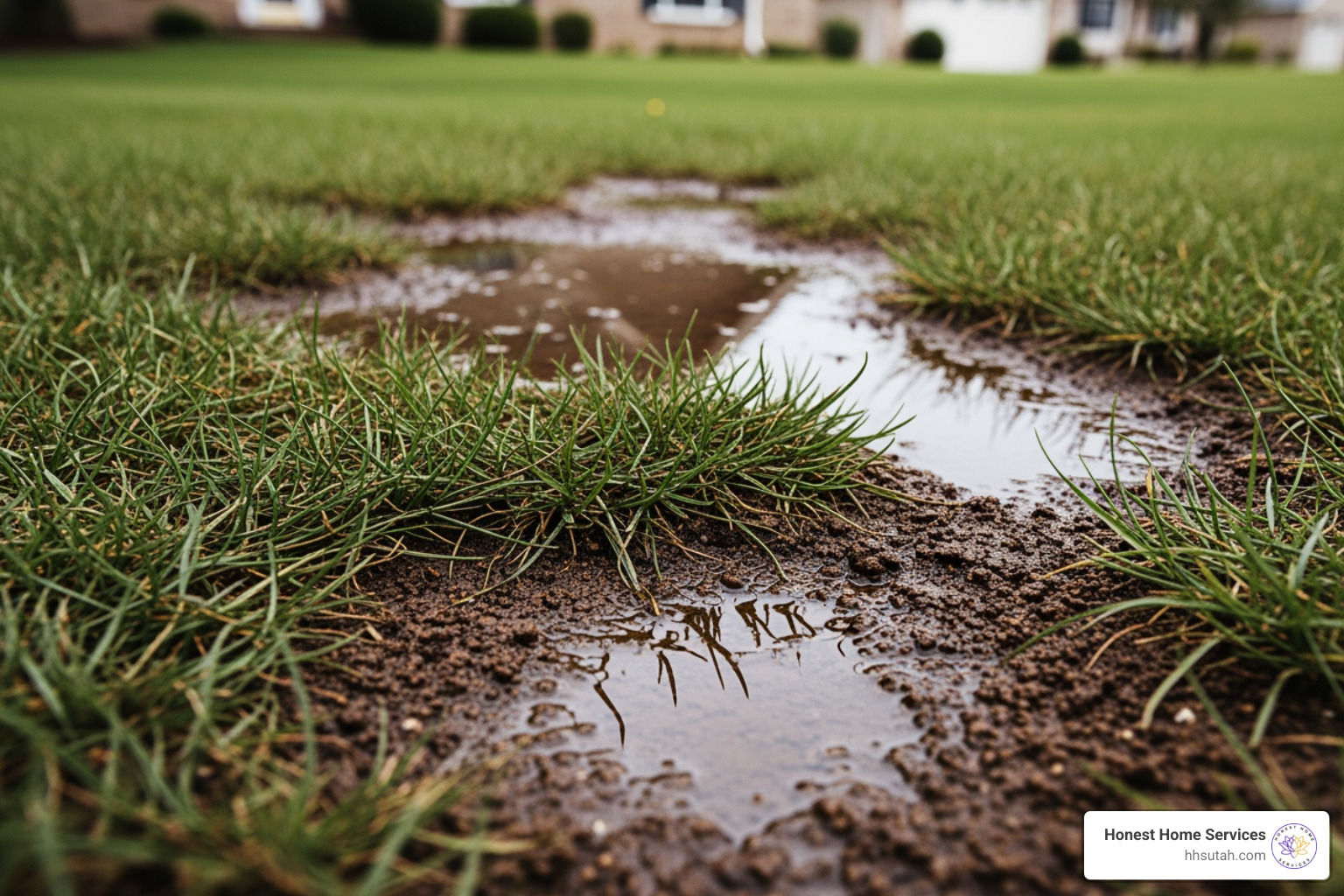 A picture of a soggy patch of grass in a yard - plumbing clogged main line A picture of a soggy patch of grass in a yard - plumbing clogged main line