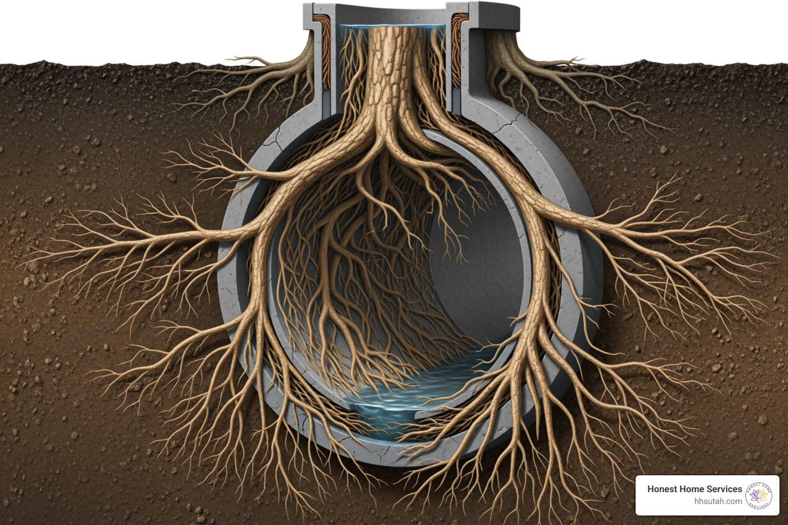 A diagram showing tree roots infiltrating and growing inside a sewer pipe section, causing a blockage - plumbing clogged main line A diagram showing tree roots infiltrating and growing inside a sewer pipe section, causing a blockage - plumbing clogged main line