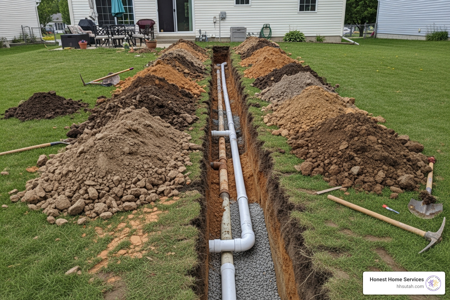 residential yard with a long trench dug for sewer replacement - mainline sewer replacement residential yard with a long trench dug for sewer replacement - mainline sewer replacement