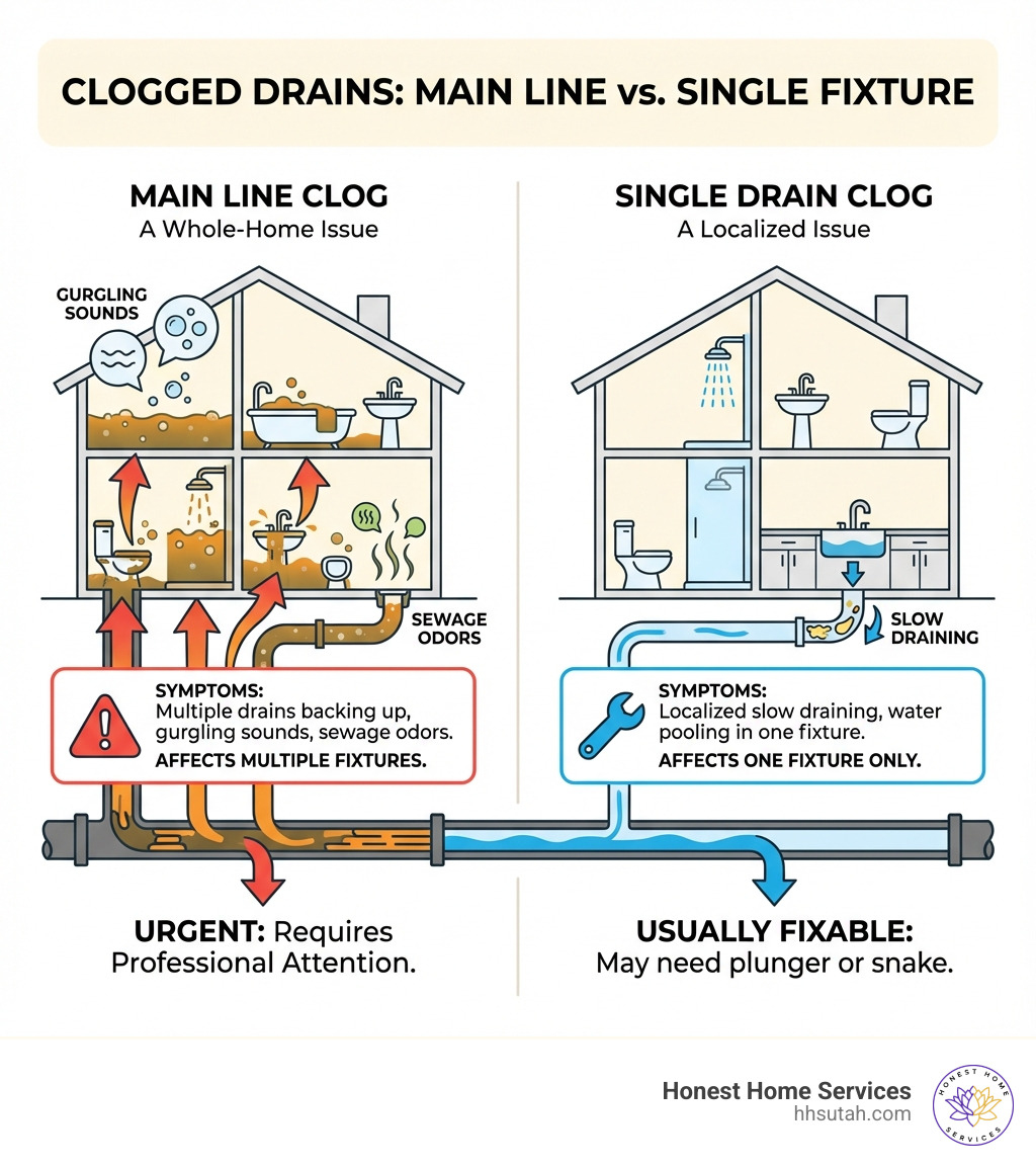 Infographic showing the difference between a main line clog affecting multiple fixtures throughout the home versus a single drain clog affecting only one fixture, with visual indicators of symptoms like multiple backups, gurgling sounds, and sewage odors for main line issues compared to localized slow draining for single fixture problems - plumbing clogged main line infographic Infographic showing the difference between a main line clog affecting multiple fixtures throughout the home versus a single drain clog affecting only one fixture, with visual indicators of symptoms like multiple backups, gurgling sounds, and sewage odors for main line issues compared to localized slow draining for single fixture problems - plumbing clogged main line infographic