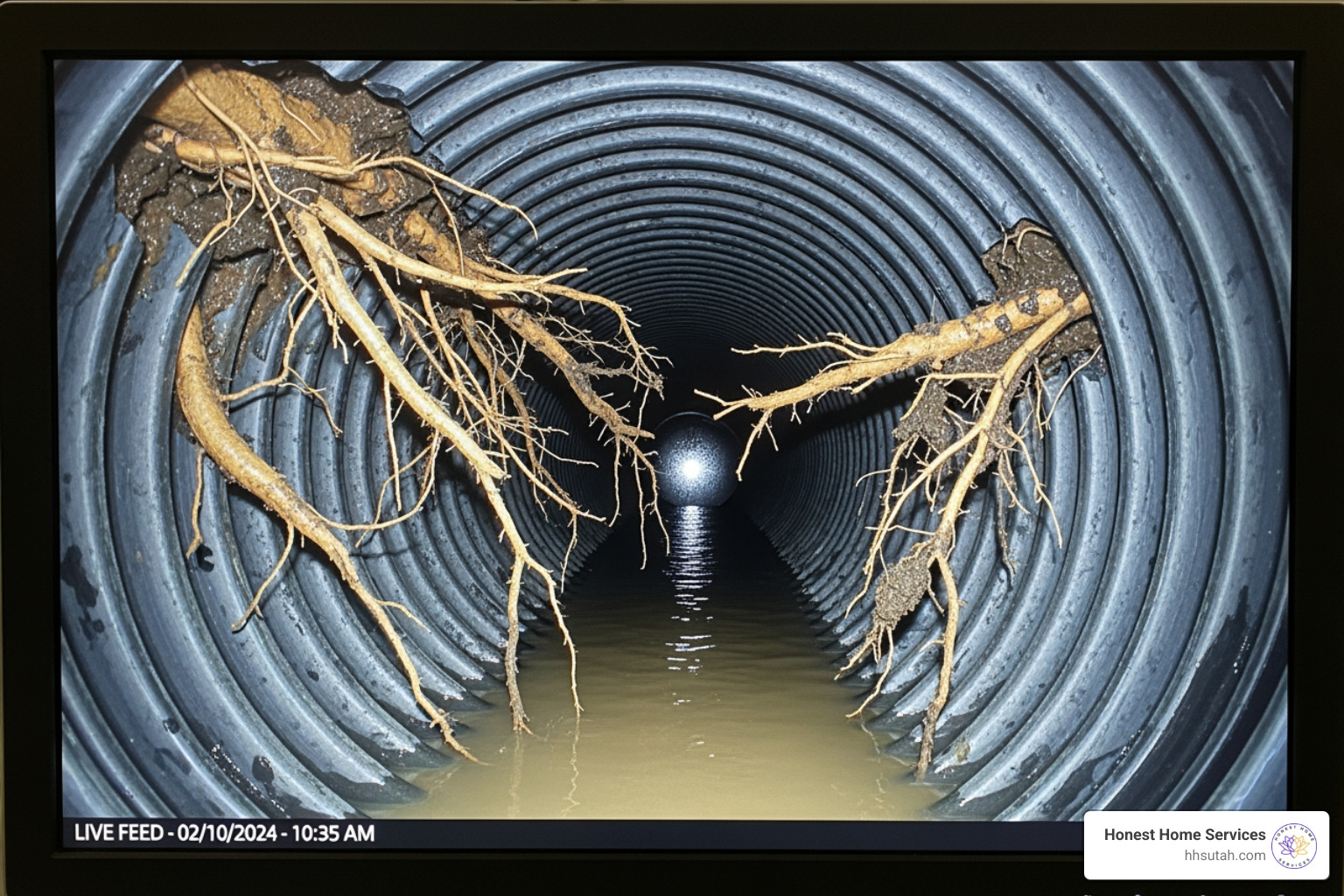 sewer camera inspection screen showing tree roots in a pipe - Reliable sewer repair sewer camera inspection screen showing tree roots in a pipe - Reliable sewer repair