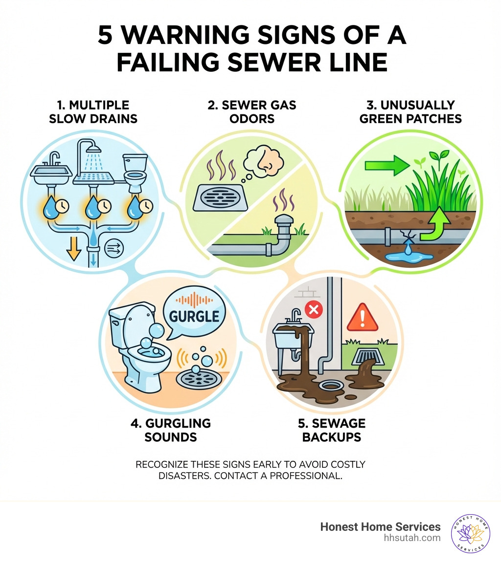 Infographic showing the top 5 warning signs of a failing sewer line: 1. Multiple slow drains throughout the home, 2. Sewer gas odors near drains or in the yard, 3. Unusually green or lush patches of grass indicating underground leaks, 4. Gurgling sounds from toilets or drains, 5. Sewage backups in lower-level fixtures or yard pooling - mainline sewer replacement infographic Infographic showing the top 5 warning signs of a failing sewer line: 1. Multiple slow drains throughout the home, 2. Sewer gas odors near drains or in the yard, 3. Unusually green or lush patches of grass indicating underground leaks, 4. Gurgling sounds from toilets or drains, 5. Sewage backups in lower-level fixtures or yard pooling - mainline sewer replacement infographic