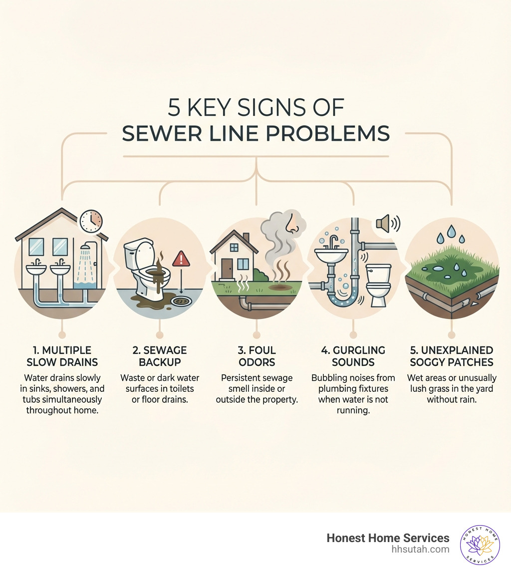 Infographic showing 5 key signs of sewer line problems: 1. Multiple slow drains throughout the home, 2. Sewage backup in toilets or drains, 3. Foul odors in yard or home, 4. Gurgling sounds from plumbing fixtures, 5. Unexplained soggy patches or extra-green grass in yard - Reliable sewer repair infographic Infographic showing 5 key signs of sewer line problems: 1. Multiple slow drains throughout the home, 2. Sewage backup in toilets or drains, 3. Foul odors in yard or home, 4. Gurgling sounds from plumbing fixtures, 5. Unexplained soggy patches or extra-green grass in yard - Reliable sewer repair infographic