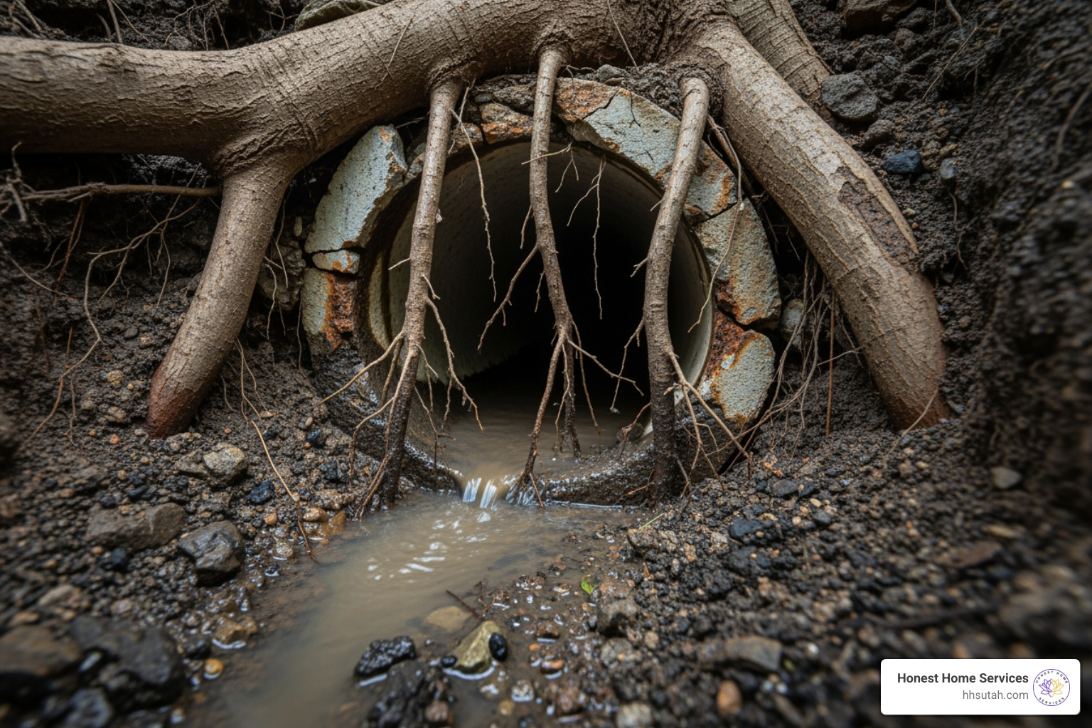 Tree roots breaking through a sewer pipe - plumbing main line clog Tree roots breaking through a sewer pipe - plumbing main line clog