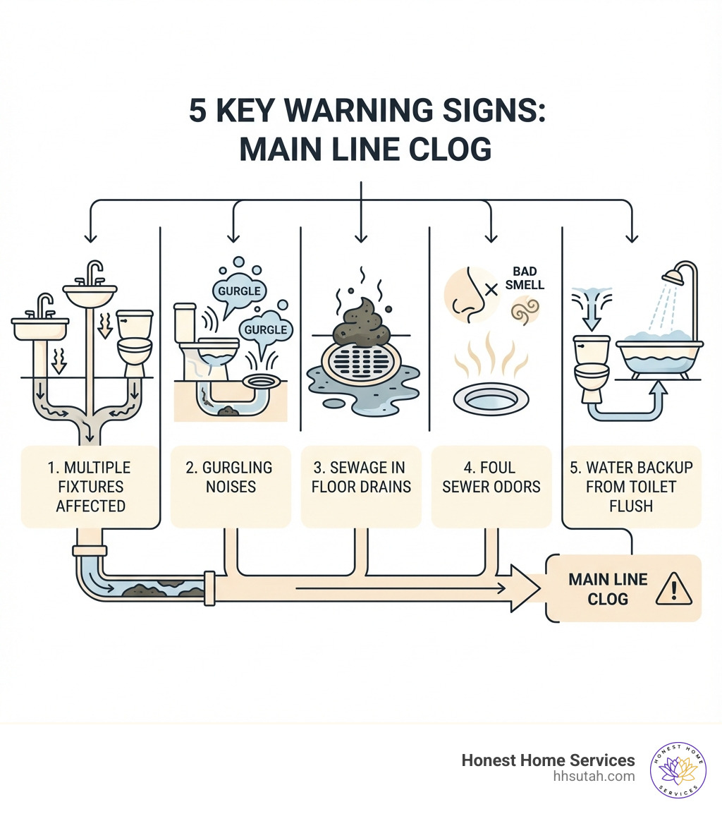 Infographic showing five key warning signs of a main line clog: multiple fixtures draining slowly or backing up, gurgling noises from drains and toilets, sewage appearing in floor drains or cleanouts, foul sewer odors inside the home, and water backing up into bathtubs or showers when toilets are flushed - plumbing main line clog infographic Infographic showing five key warning signs of a main line clog: multiple fixtures draining slowly or backing up, gurgling noises from drains and toilets, sewage appearing in floor drains or cleanouts, foul sewer odors inside the home, and water backing up into bathtubs or showers when toilets are flushed - plumbing main line clog infographic