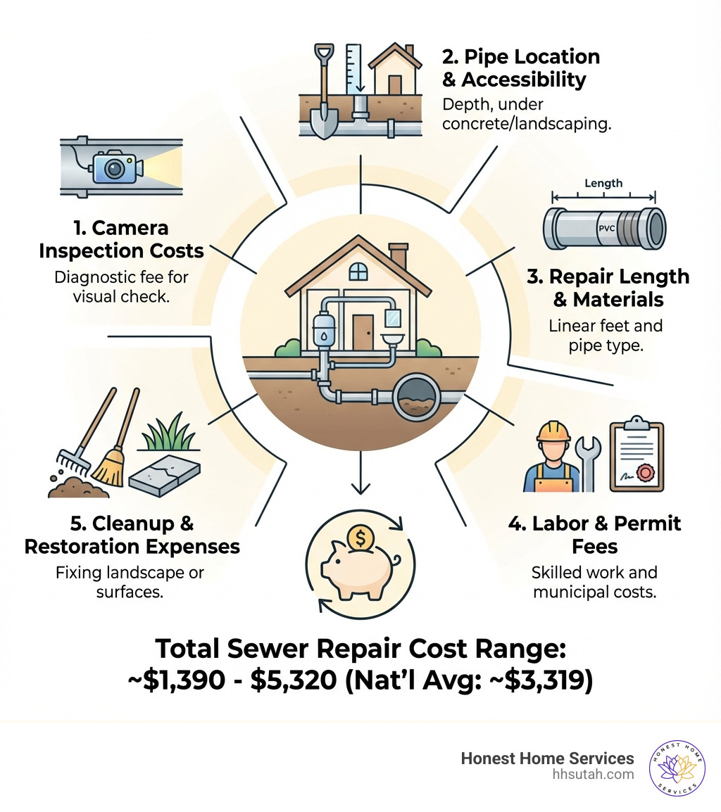 infographic showing the five main factors that influence sewer repair costs: camera inspection costs, pipe location and accessibility, repair length and materials, labor and permit fees, and cleanup and restoration expenses - Sewer repair cost infographic infographic showing the five main factors that influence sewer repair costs: camera inspection costs, pipe location and accessibility, repair length and materials, labor and permit fees, and cleanup and restoration expenses - Sewer repair cost infographic