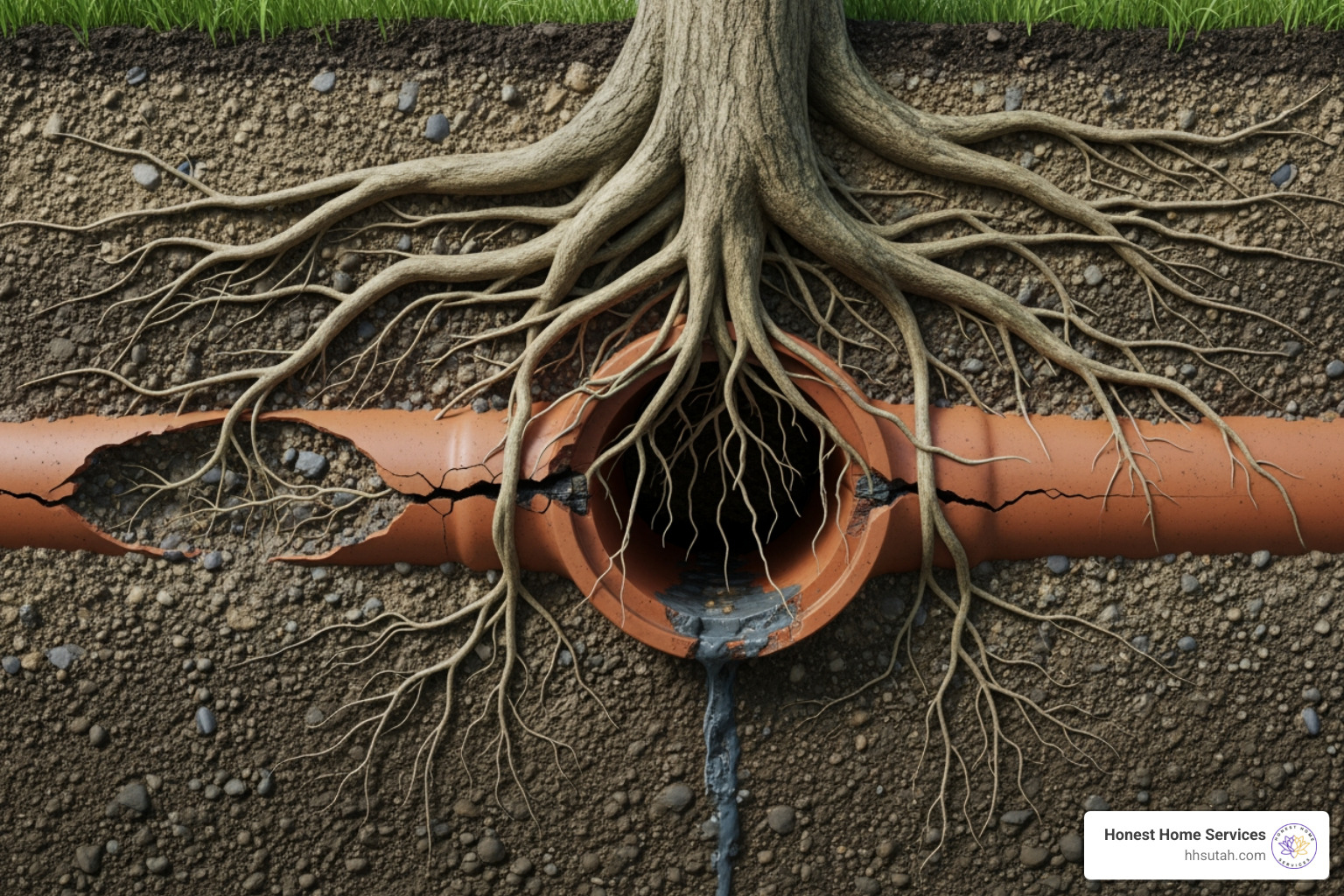 image of tree roots growing into a sewer pipe - mainline plumbing service image of tree roots growing into a sewer pipe - mainline plumbing service