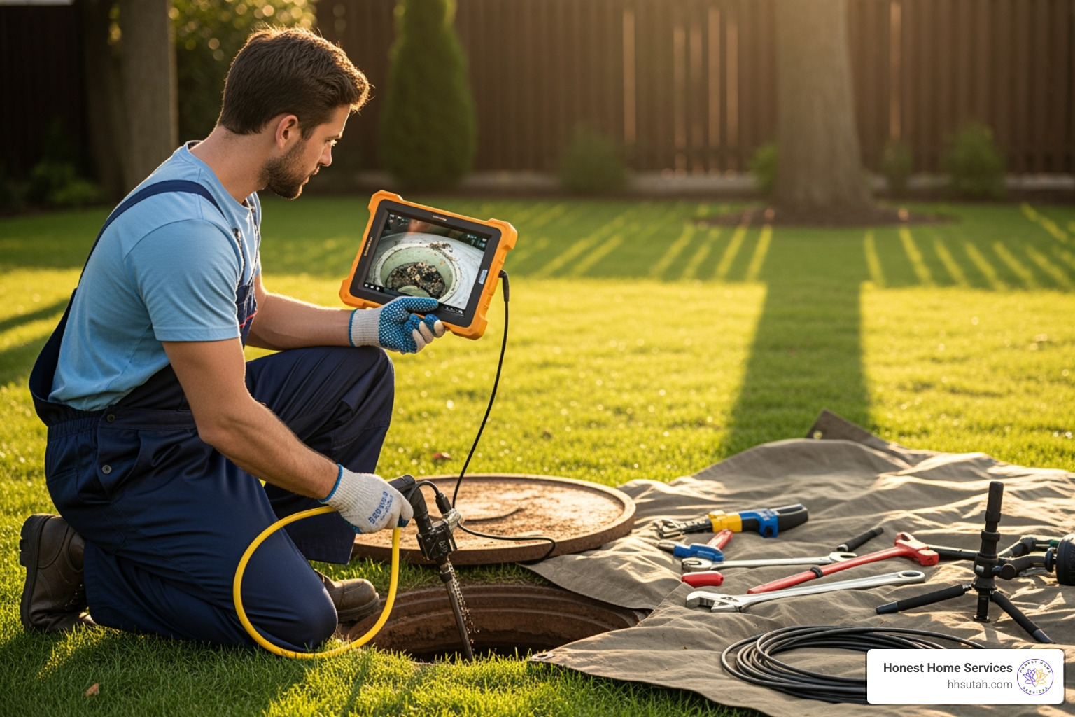 image of a plumber performing a video camera pipe inspection - mainline plumbing service image of a plumber performing a video camera pipe inspection - mainline plumbing service