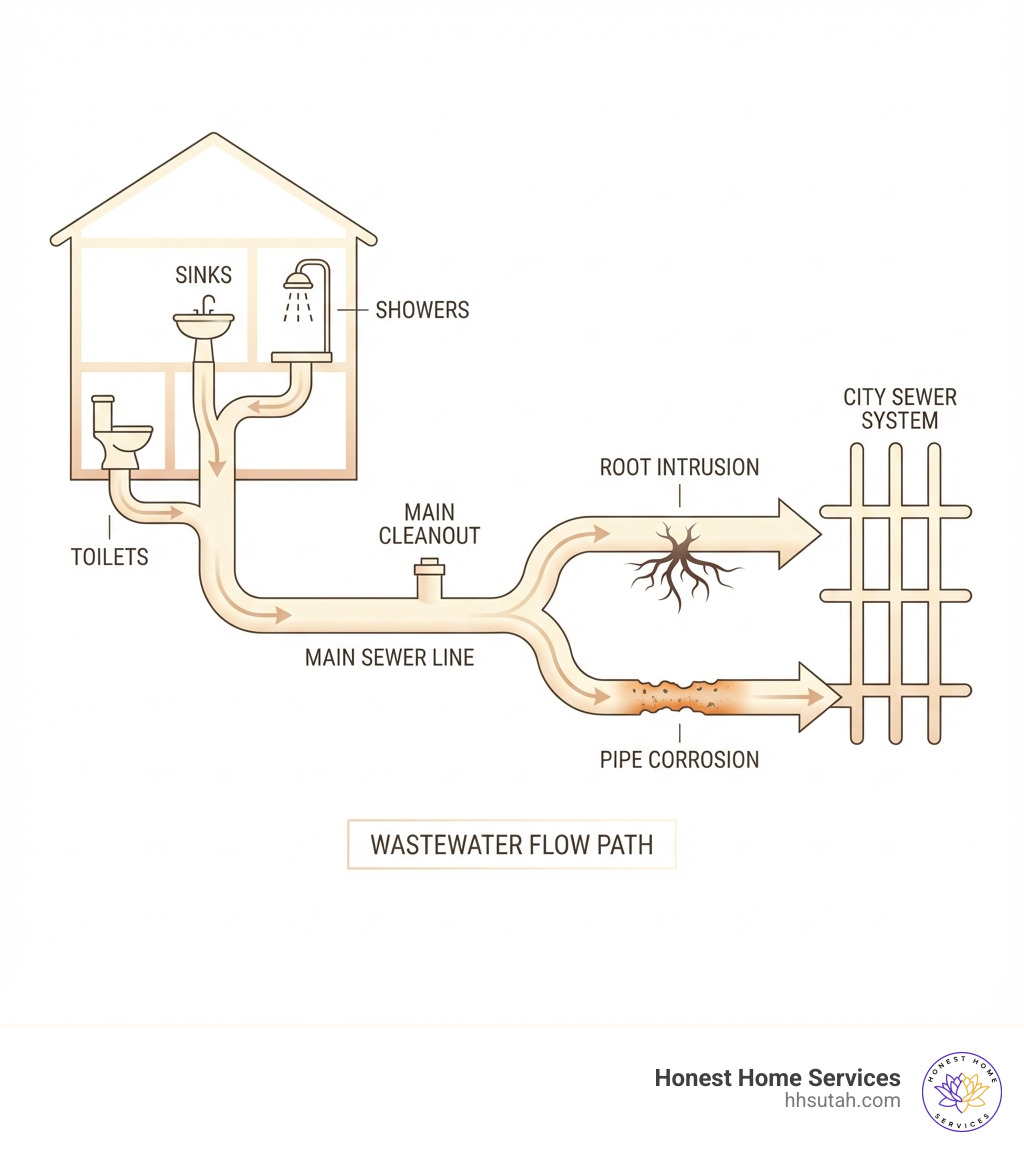 Infographic showing how wastewater flows from home fixtures through drain pipes into the main sewer line, then out to the city sewer system, with labels for toilets, sinks, showers, the main cleanout, and common failure points like root intrusion and pipe corrosion - mainline plumbing service infographic Infographic showing how wastewater flows from home fixtures through drain pipes into the main sewer line, then out to the city sewer system, with labels for toilets, sinks, showers, the main cleanout, and common failure points like root intrusion and pipe corrosion - mainline plumbing service infographic
