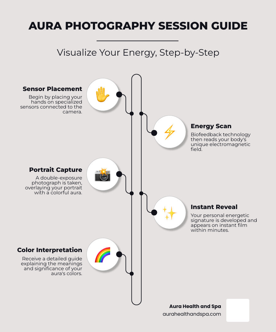 Detailed guide to aura photography in Michigan showing locations, process steps, color meanings, and session types available - Aura photography Michigan infographic infographic-line-5-steps-elegant_beige