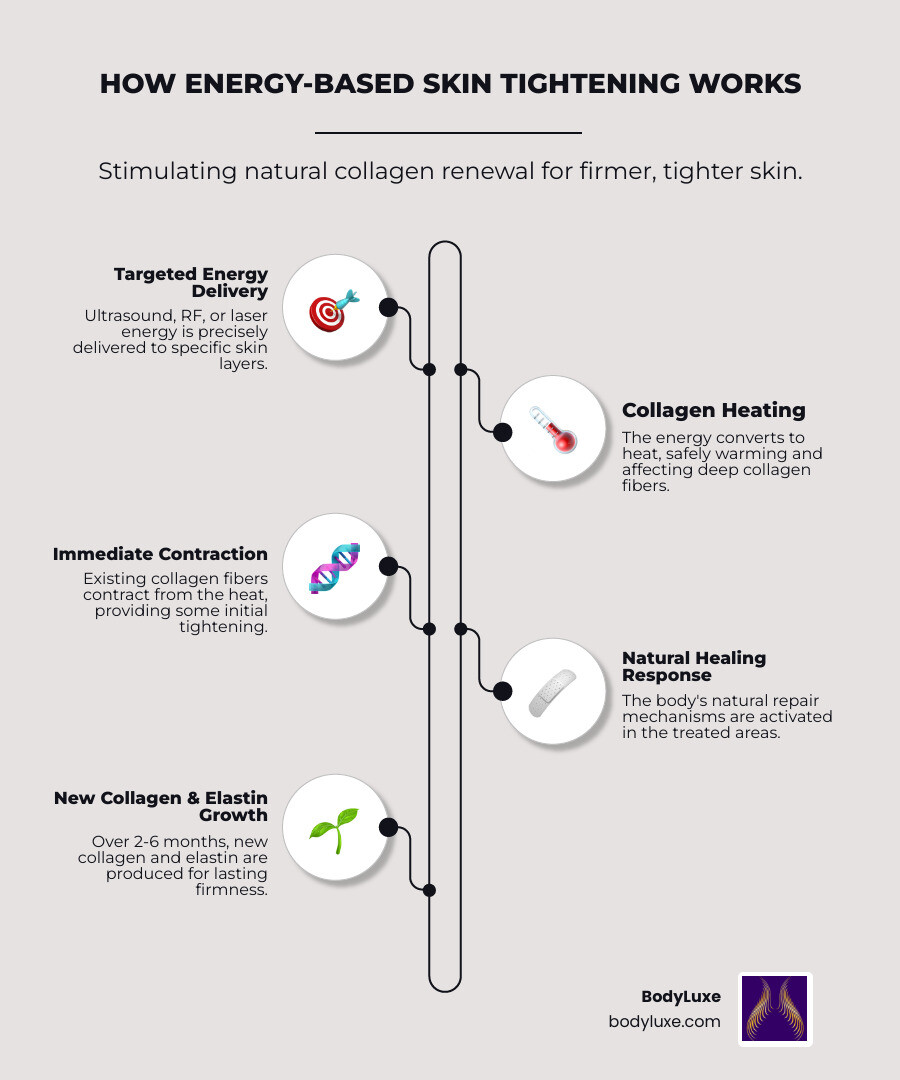 Infographic showing how ultrasound, radiofrequency, and laser energy penetrate skin at different depths to heat collagen fibers, trigger contraction, and stimulate the body's natural healing response that produces new collagen and elastin over 2-6 months, resulting in gradual skin tightening with minimal downtime - skin tightening infographic infographic-line-5-steps-elegant_beige Infographic showing how ultrasound, radiofrequency, and laser energy penetrate skin at different depths to heat collagen fibers, trigger contraction, and stimulate the body's natural healing response that produces new collagen and elastin over 2-6 months, resulting in gradual skin tightening with minimal downtime - skin tightening infographic infographic-line-5-steps-elegant_beige