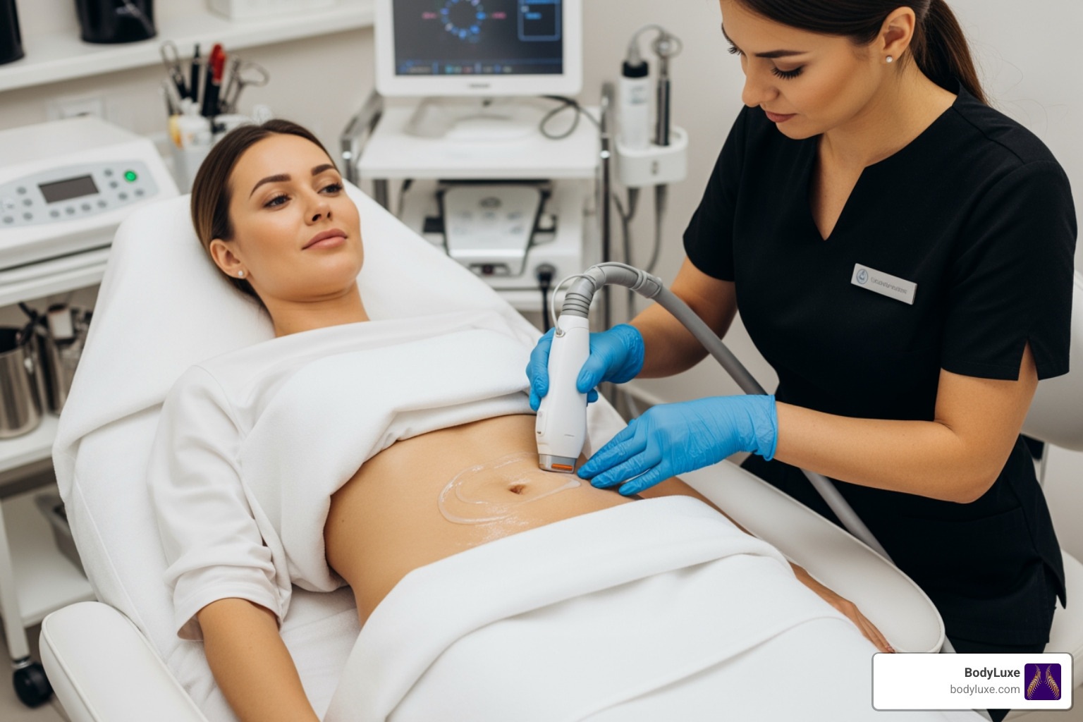 Laser treatment being performed on the abdomen - skin tightening Laser treatment being performed on the abdomen - skin tightening