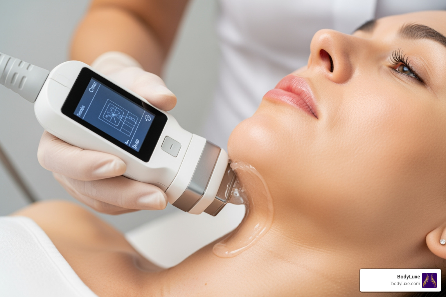 Ultrasound device being used on a patient's jawline - skin tightening Ultrasound device being used on a patient's jawline - skin tightening