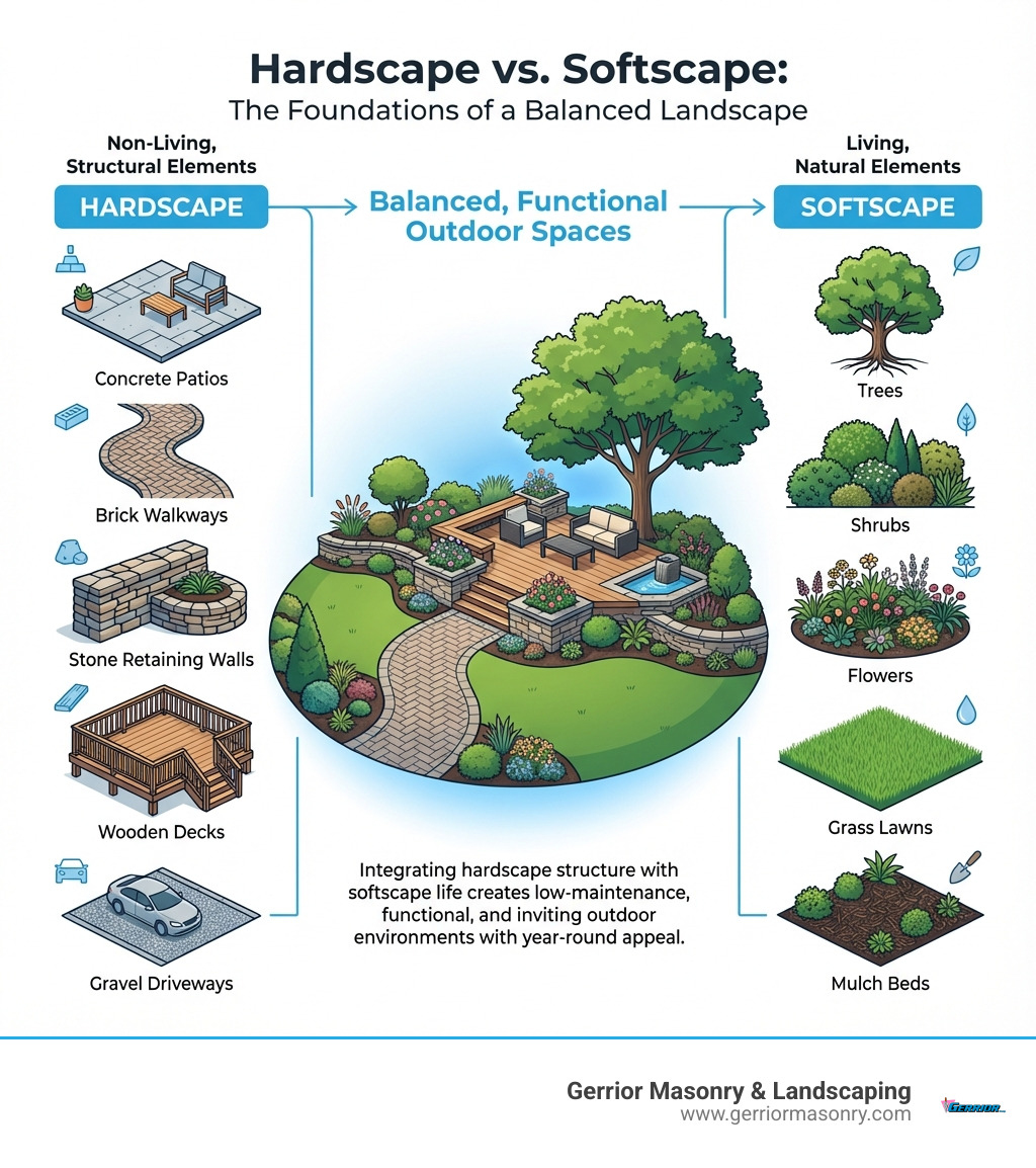 Infographic showing the difference between hardscape and softscape elements: on the left, hardscape features including concrete patios, brick walkways, stone retaining walls, wooden decks, and gravel driveways labeled as 'Non-Living, Structural Elements'; on the right, softscape features including trees, shrubs, flowers, grass lawns, and mulch beds labeled as 'Living, Natural Elements'; with a center section showing how they work together to create balanced, functional outdoor spaces - hardscape landscaping infographic 