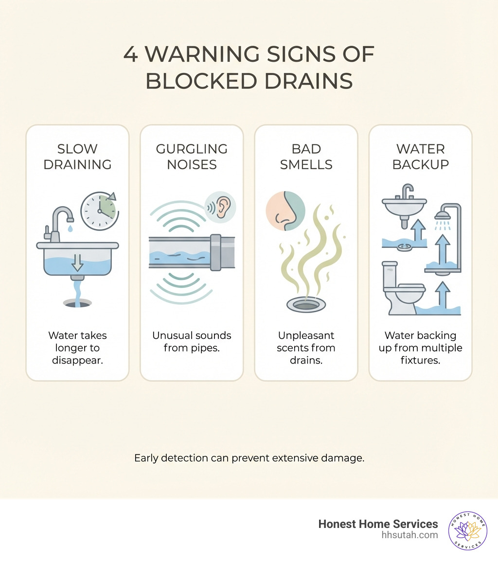 infographic showing four warning signs of blocked drains: a sink with slow draining water and a clock, a pipe with sound waves indicating gurgling noises, a nose near a drain with wavy smell lines, and water backing up from multiple fixtures - Drain blockage removal infographic infographic showing four warning signs of blocked drains: a sink with slow draining water and a clock, a pipe with sound waves indicating gurgling noises, a nose near a drain with wavy smell lines, and water backing up from multiple fixtures - Drain blockage removal infographic