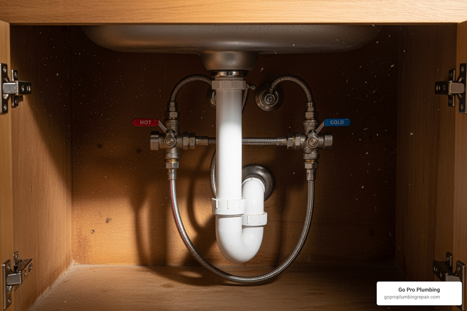 underside of a sink showing water shut-off valves - broken sink faucet