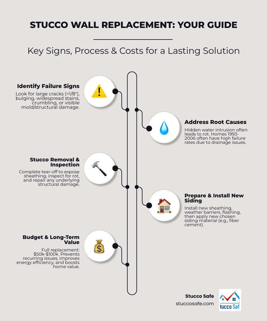 Comprehensive infographic showing the stucco wall replacement decision tree: visual indicators of damage requiring replacement (large cracks, water stains, bulging, mold growth), the three-step replacement process (removal and inspection, damage repair and surface preparation, new siding installation), comparison of replacement material options with cost ranges and lifespans, and key cost factors affecting total project expense - stucco wall replacement infographic infographic-line-5-steps-elegant_beige Comprehensive infographic showing the stucco wall replacement decision tree: visual indicators of damage requiring replacement (large cracks, water stains, bulging, mold growth), the three-step replacement process (removal and inspection, damage repair and surface preparation, new siding installation), comparison of replacement material options with cost ranges and lifespans, and key cost factors affecting total project expense - stucco wall replacement infographic infographic-line-5-steps-elegant_beige