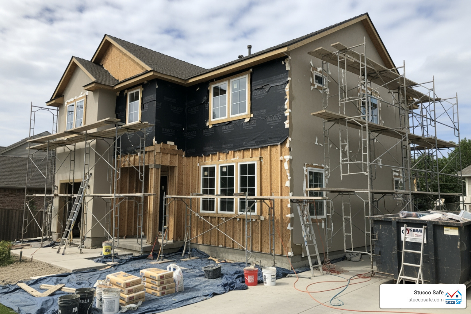 Home mid-remediation with sheathing exposed - stucco wall replacement Home mid-remediation with sheathing exposed - stucco wall replacement