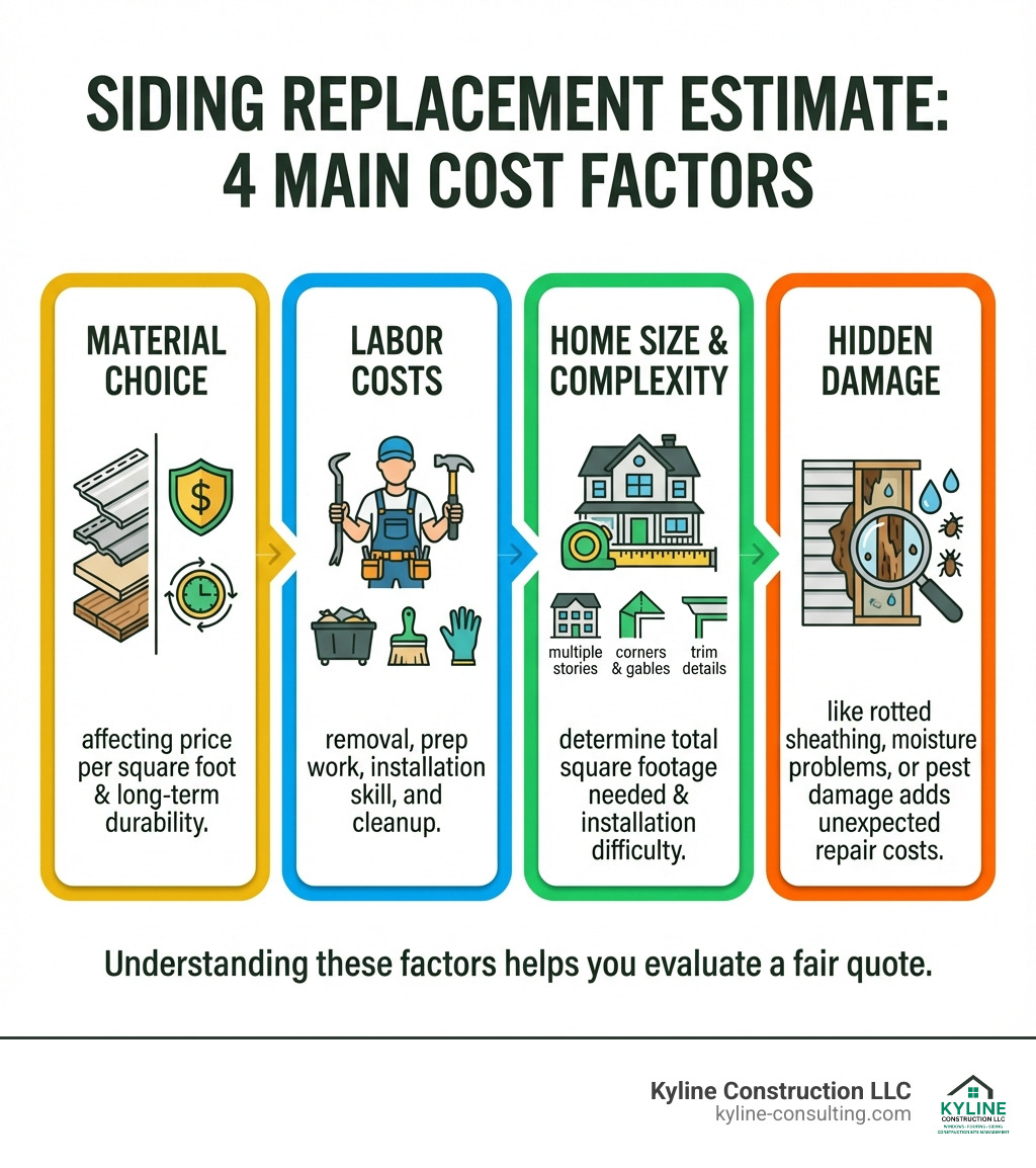Infographic showing the four main cost factors for siding replacement: Material choice affects price per square foot and long-term durability. Labor costs include removal, prep work, installation skill, and cleanup. Home size and complexity determine total square footage needed and installation difficulty with multiple stories, corners, and trim details. Hidden damage like rotted sheathing, moisture problems, or pest damage adds unexpected repair costs. - siding replacement estimate infographic Infographic showing the four main cost factors for siding replacement: Material choice affects price per square foot and long-term durability. Labor costs include removal, prep work, installation skill, and cleanup. Home size and complexity determine total square footage needed and installation difficulty with multiple stories, corners, and trim details. Hidden damage like rotted sheathing, moisture problems, or pest damage adds unexpected repair costs. - siding replacement estimate infographic