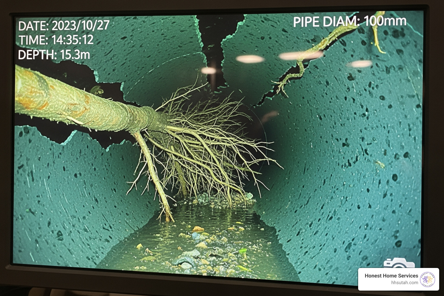 a sewer camera inspection screen showing tree roots - main sewer line clog repair cost a sewer camera inspection screen showing tree roots - main sewer line clog repair cost