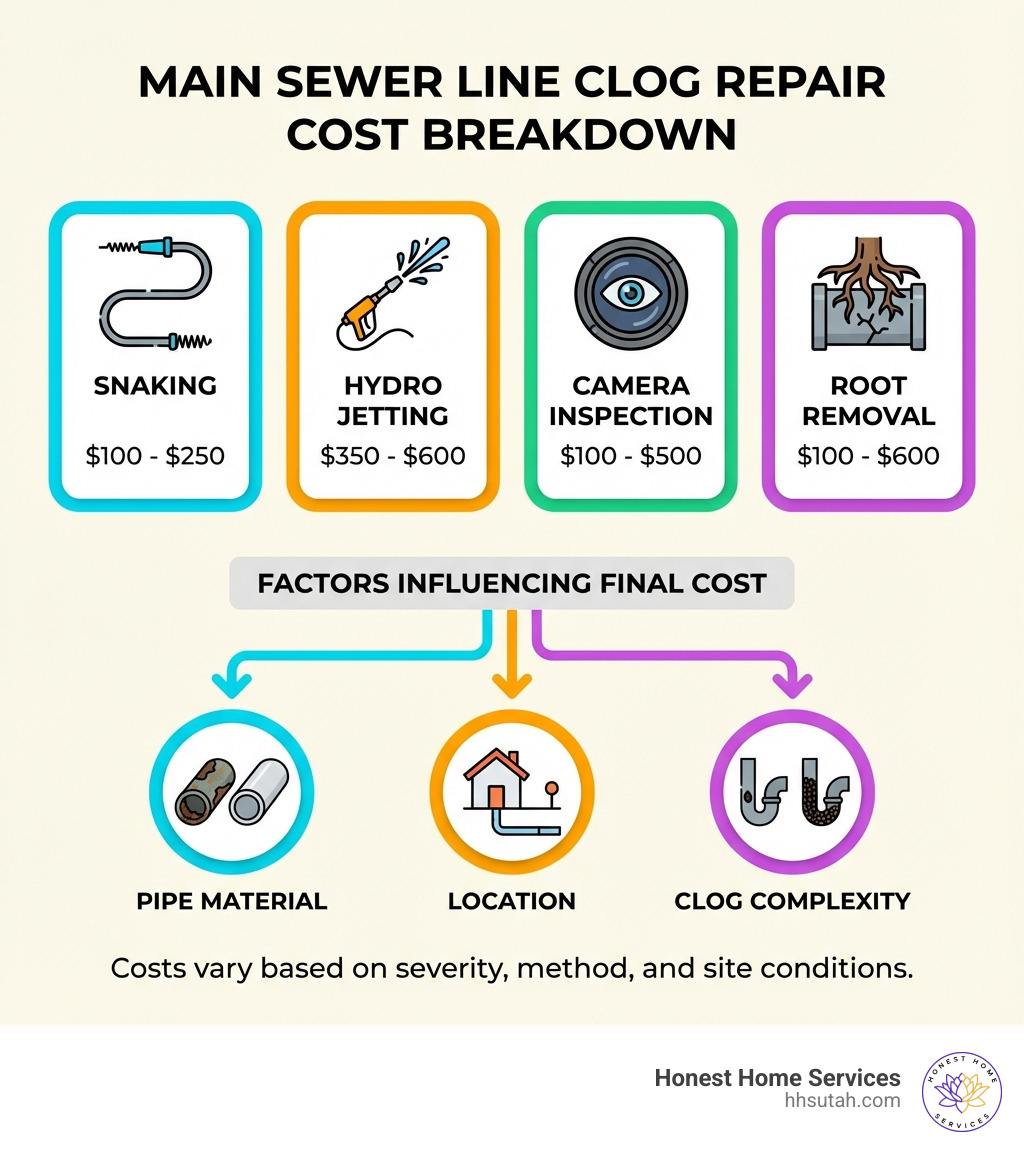 infographic showing main sewer line clog repair cost breakdown by service type, including snaking ($100-$250), hydro jetting ($350-$600), camera inspection ($100-$500), and root removal ($100-$600), with icons representing each service and factors that influence final cost such as pipe material, location, and clog complexity - main sewer line clog repair cost infographic infographic showing main sewer line clog repair cost breakdown by service type, including snaking ($100-$250), hydro jetting ($350-$600), camera inspection ($100-$500), and root removal ($100-$600), with icons representing each service and factors that influence final cost such as pipe material, location, and clog complexity - main sewer line clog repair cost infographic