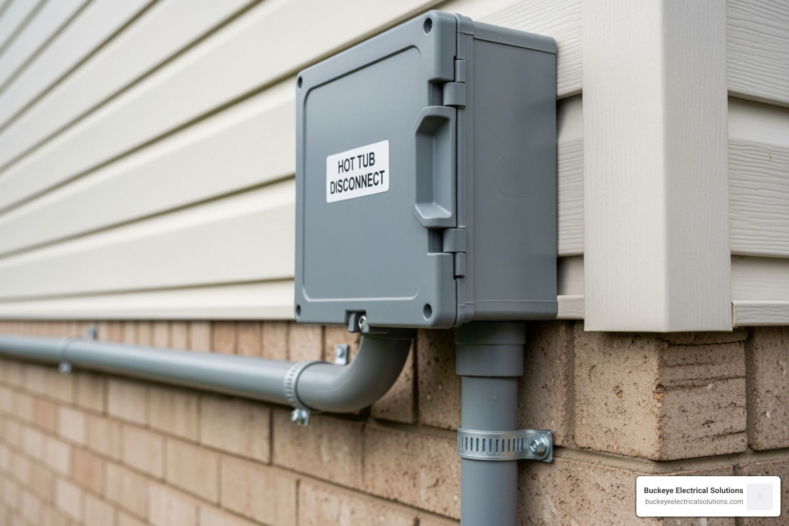 A weatherproof hot tub disconnect switch mounted on an exterior wall, with conduit running away from it. - hot tub electrical installation A weatherproof hot tub disconnect switch mounted on an exterior wall, with conduit running away from it. - hot tub electrical installation