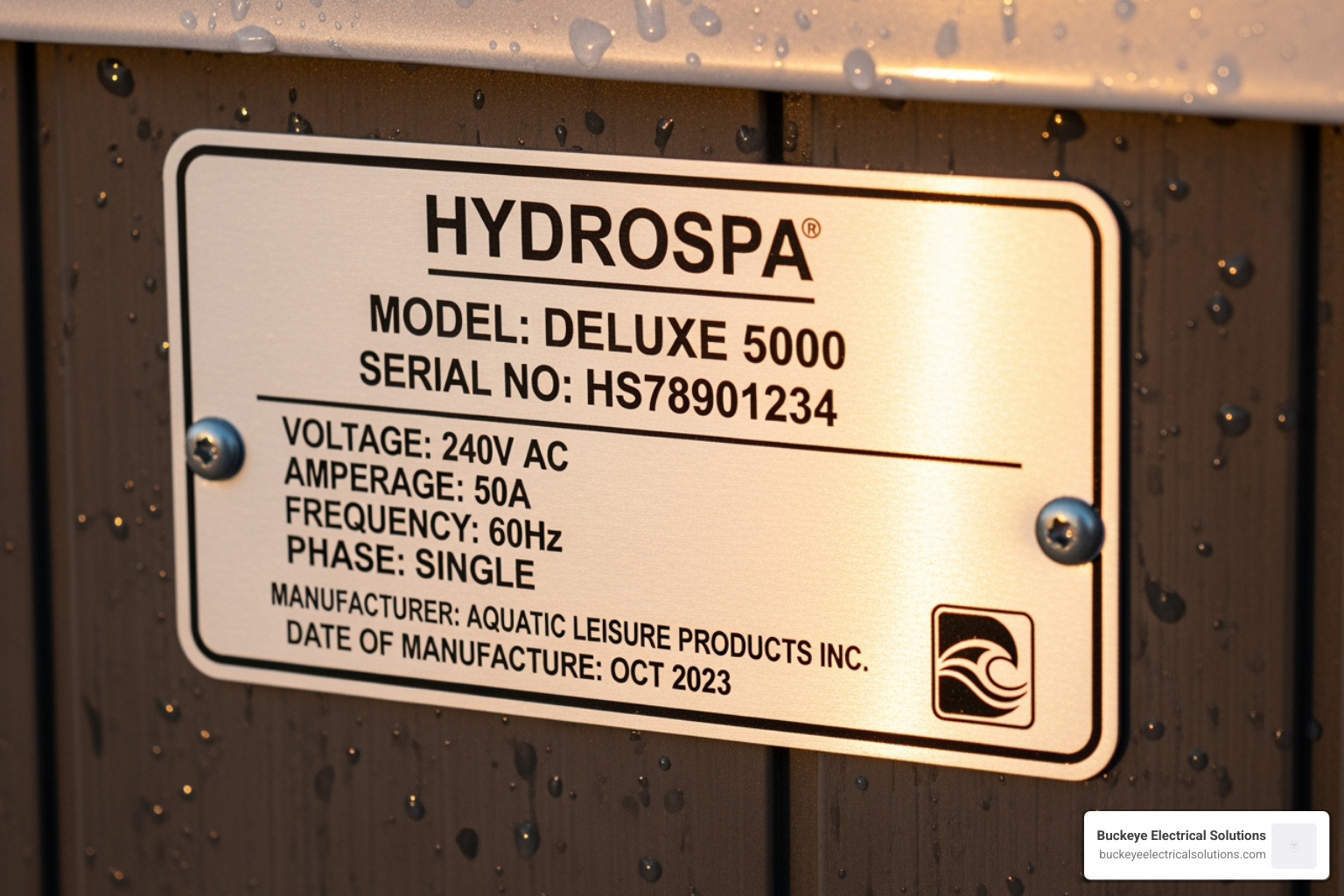 A close-up image of a hot tub's data plate, showing voltage, amperage, and other electrical specifications highlighted. - hot tub electrical installation A close-up image of a hot tub's data plate, showing voltage, amperage, and other electrical specifications highlighted. - hot tub electrical installation