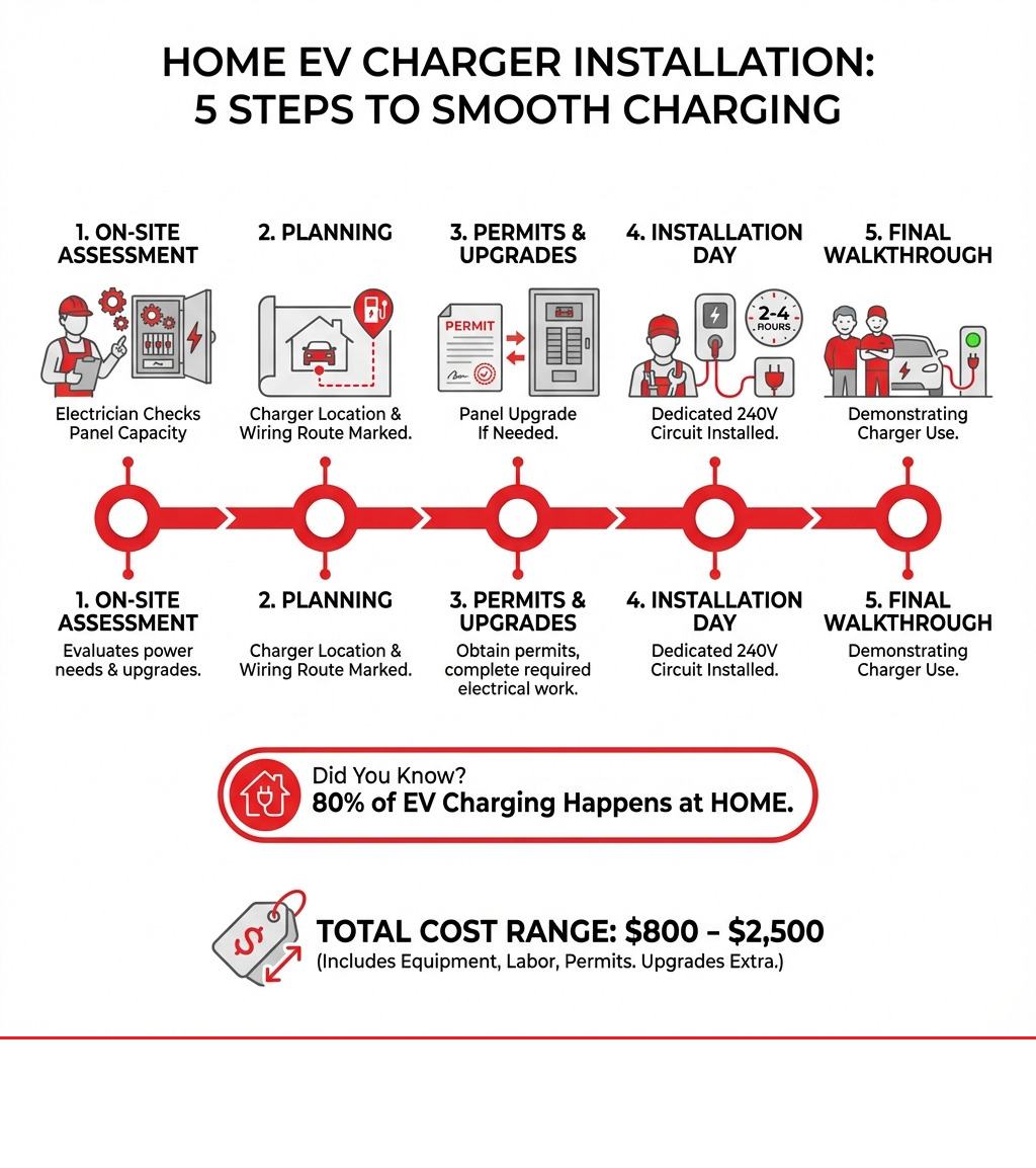 Infographic showing the 5 main steps of home EV charger installation: 1. On-site Assessment with electrician checking electrical panel capacity, 2. Planning with charger location and wiring route marked, 3. Permits and Upgrades showing panel upgrade if needed, 4. Installation Day with dedicated 240V circuit installation taking 2-4 hours, 5. Final Walkthrough demonstrating charger use. Include cost range of $800-$2,500 and note that 80% of EV charging happens at home - charging point installation at home infographic Infographic showing the 5 main steps of home EV charger installation: 1. On-site Assessment with electrician checking electrical panel capacity, 2. Planning with charger location and wiring route marked, 3. Permits and Upgrades showing panel upgrade if needed, 4. Installation Day with dedicated 240V circuit installation taking 2-4 hours, 5. Final Walkthrough demonstrating charger use. Include cost range of $800-$2,500 and note that 80% of EV charging happens at home - charging point installation at home infographic