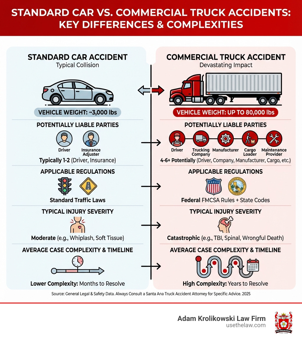 infographic showing the key differences between standard car accidents and commercial truck accidents, including vehicle weight comparison (3,000 lbs vs 80,000 lbs), number of potentially liable parties (typically 1-2 vs 4-6+), applicable regulations (standard traffic laws vs federal FMCSA rules plus state codes), typical injury severity, and average case complexity timeline - truck accident attorney Santa Ana infographic infographic showing the key differences between standard car accidents and commercial truck accidents, including vehicle weight comparison (3,000 lbs vs 80,000 lbs), number of potentially liable parties (typically 1-2 vs 4-6+), applicable regulations (standard traffic laws vs federal FMCSA rules plus state codes), typical injury severity, and average case complexity timeline - truck accident attorney Santa Ana infographic