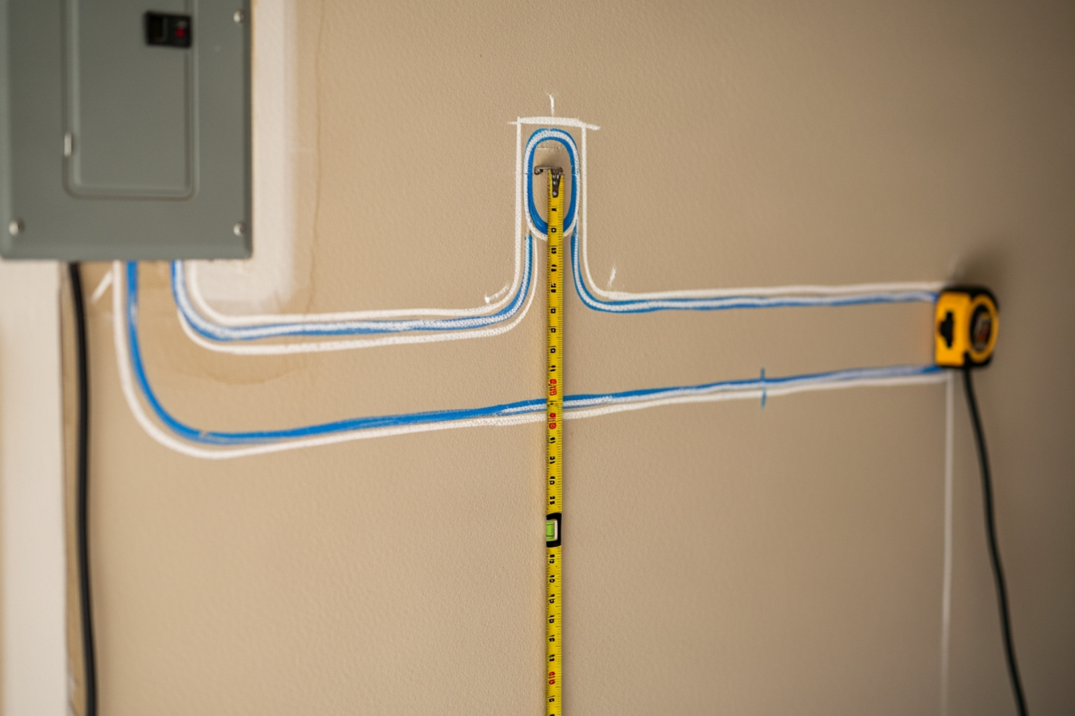 electrician planning EV charger wiring route - charging point installation at home electrician planning EV charger wiring route - charging point installation at home
