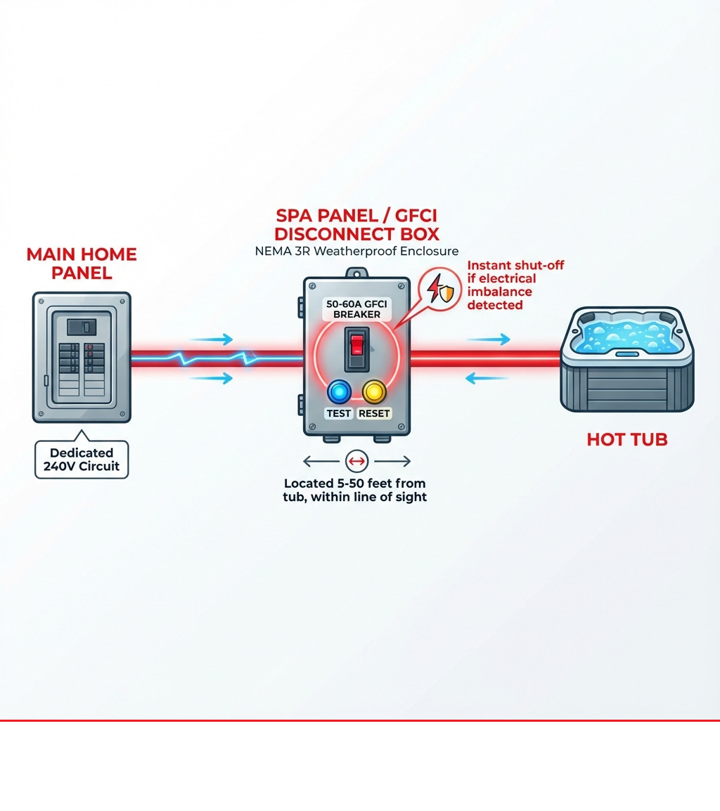 Infographic showing the flow of electricity from main home panel through dedicated 240V circuit to spa panel/GFCI disconnect box (with NEMA 3R weatherproof enclosure, 50-60A GFCI breaker, test/reset buttons highlighted), then to hot tub, with callouts showing 'Instant shut-off if electrical imbalance detected' and 'Located 5-50 feet from tub, within line of sight' - electrical box for hot tub infographic Infographic showing the flow of electricity from main home panel through dedicated 240V circuit to spa panel/GFCI disconnect box (with NEMA 3R weatherproof enclosure, 50-60A GFCI breaker, test/reset buttons highlighted), then to hot tub, with callouts showing 'Instant shut-off if electrical imbalance detected' and 'Located 5-50 feet from tub, within line of sight' - electrical box for hot tub infographic