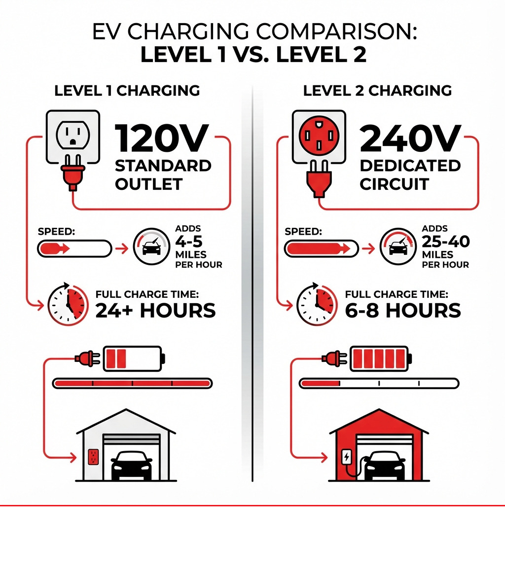Infographic comparing Level 1 vs Level 2 EV charging: Level 1 (120V standard outlet) adds 4-5 miles per hour and takes 24+ hours for full charge; Level 2 (240V dedicated circuit) adds 25-40 miles per hour and takes 6-8 hours for full charge, with visual icons showing outlet types and charging times - EV charger installation guide infographic Infographic comparing Level 1 vs Level 2 EV charging: Level 1 (120V standard outlet) adds 4-5 miles per hour and takes 24+ hours for full charge; Level 2 (240V dedicated circuit) adds 25-40 miles per hour and takes 6-8 hours for full charge, with visual icons showing outlet types and charging times - EV charger installation guide infographic