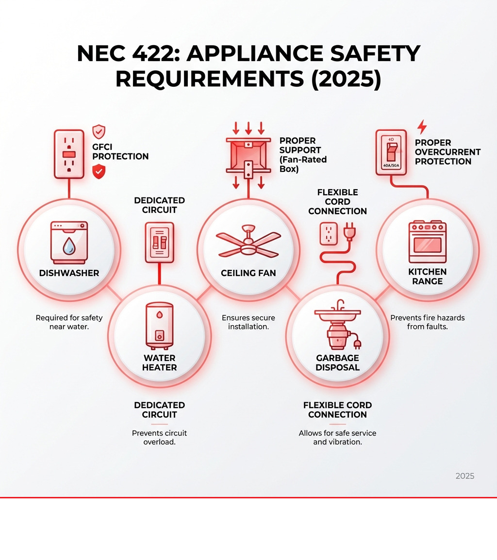 infographic showing common appliances covered by NEC 422 including dishwasher with GFCI protection, water heater on dedicated circuit, ceiling fan with proper support, garbage disposal with flexible cord, and range with proper overcurrent protection - nec 422 infographic infographic showing common appliances covered by NEC 422 including dishwasher with GFCI protection, water heater on dedicated circuit, ceiling fan with proper support, garbage disposal with flexible cord, and range with proper overcurrent protection - nec 422 infographic