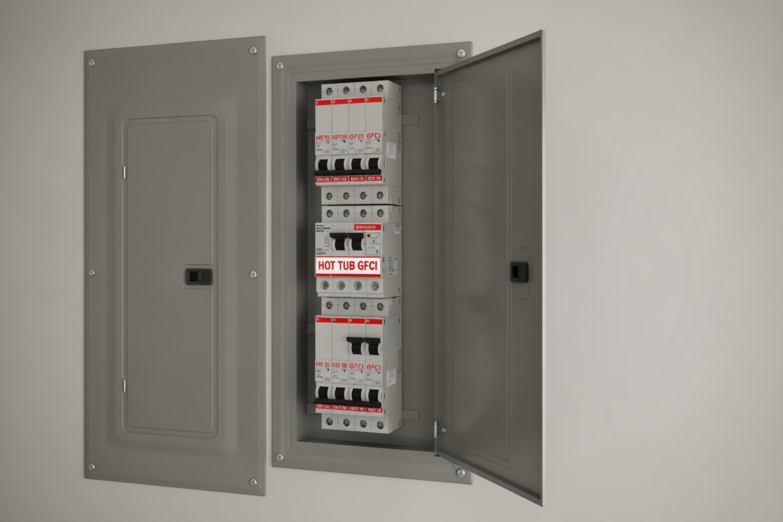 Clean electrical panel with clearly labeled hot tub GFCI breaker - hot tub breaker wiring Clean electrical panel with clearly labeled hot tub GFCI breaker - hot tub breaker wiring
