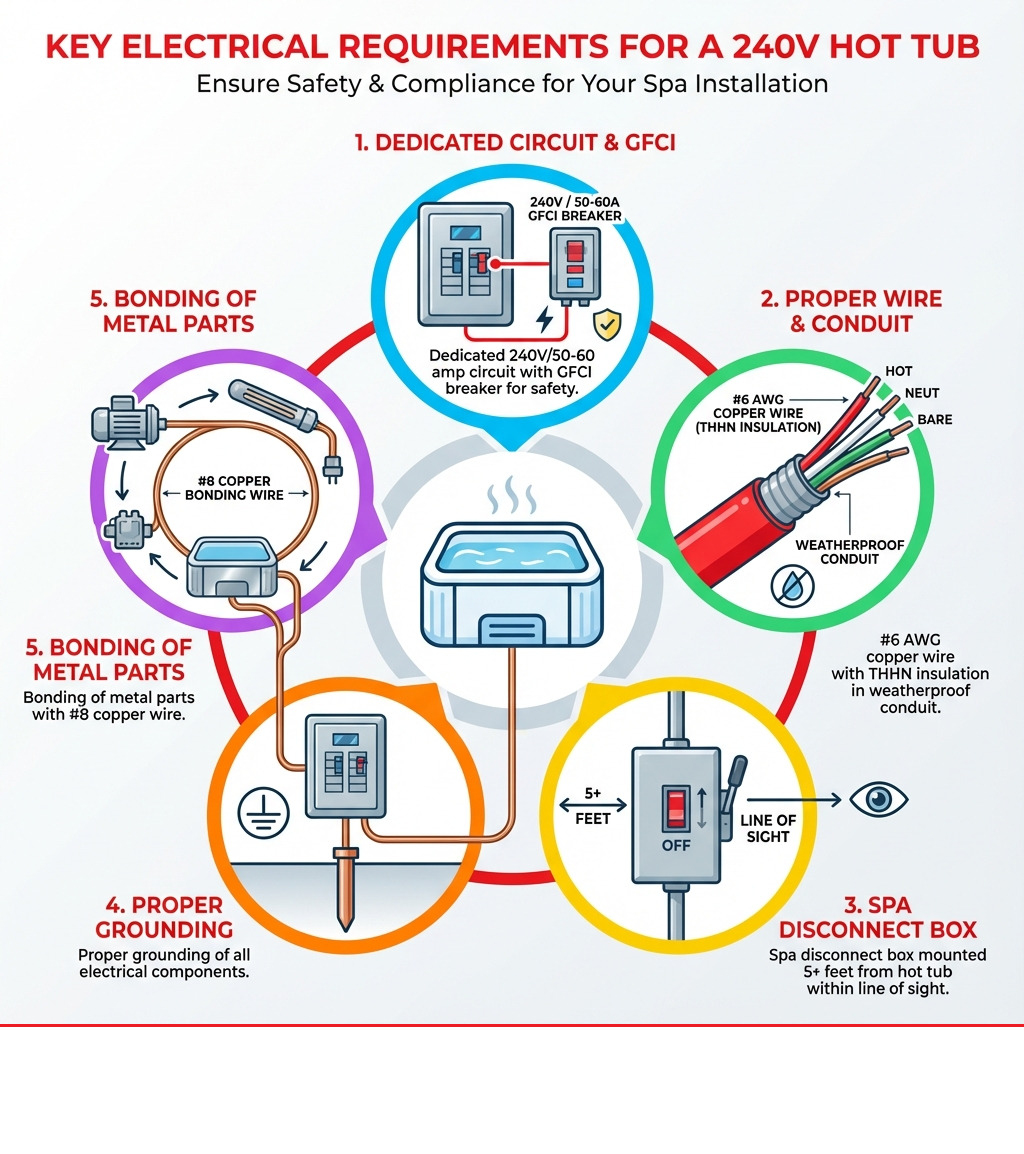 Infographic showing the 5 key electrical requirements for a 240V hot tub: 1) Dedicated 240V/50-60 amp circuit with GFCI breaker, 2) #6 AWG copper wire with THHN insulation in weatherproof conduit, 3) Spa disconnect box mounted 5+ feet from hot tub within line of sight, 4) Proper grounding of all electrical components, 5) Bonding of metal parts with #8 copper wire - hot tub breaker wiring infographic Infographic showing the 5 key electrical requirements for a 240V hot tub: 1) Dedicated 240V/50-60 amp circuit with GFCI breaker, 2) #6 AWG copper wire with THHN insulation in weatherproof conduit, 3) Spa disconnect box mounted 5+ feet from hot tub within line of sight, 4) Proper grounding of all electrical components, 5) Bonding of metal parts with #8 copper wire - hot tub breaker wiring infographic