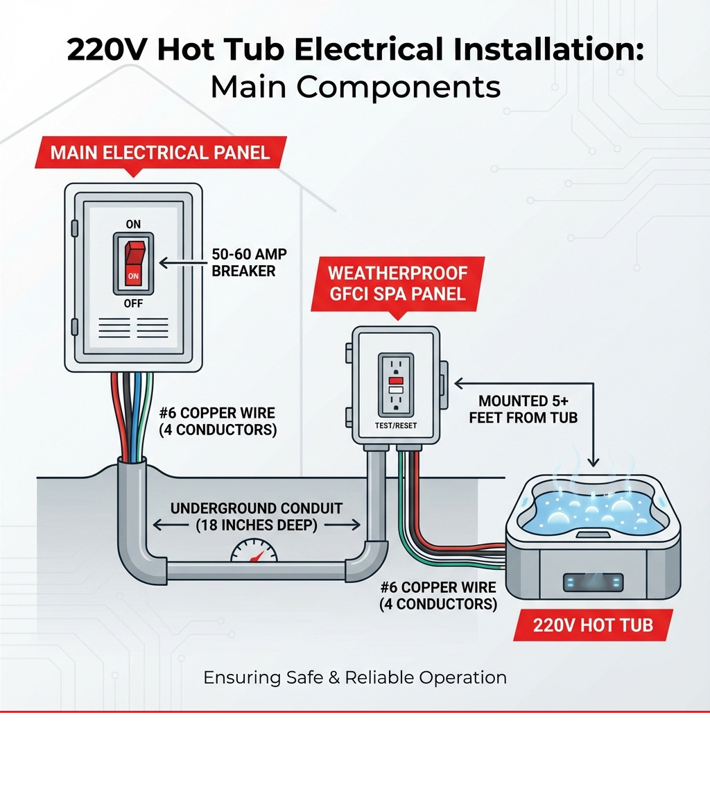 Infographic showing the main components of a 220V hot tub electrical installation: main electrical panel with 50-60 amp breaker, underground conduit running 18 inches deep, weatherproof GFCI spa panel mounted 5+ feet from tub, and #6 copper wire with four conductors connecting everything together - hooking up 220v hot tub infographic Infographic showing the main components of a 220V hot tub electrical installation: main electrical panel with 50-60 amp breaker, underground conduit running 18 inches deep, weatherproof GFCI spa panel mounted 5+ feet from tub, and #6 copper wire with four conductors connecting everything together - hooking up 220v hot tub infographic