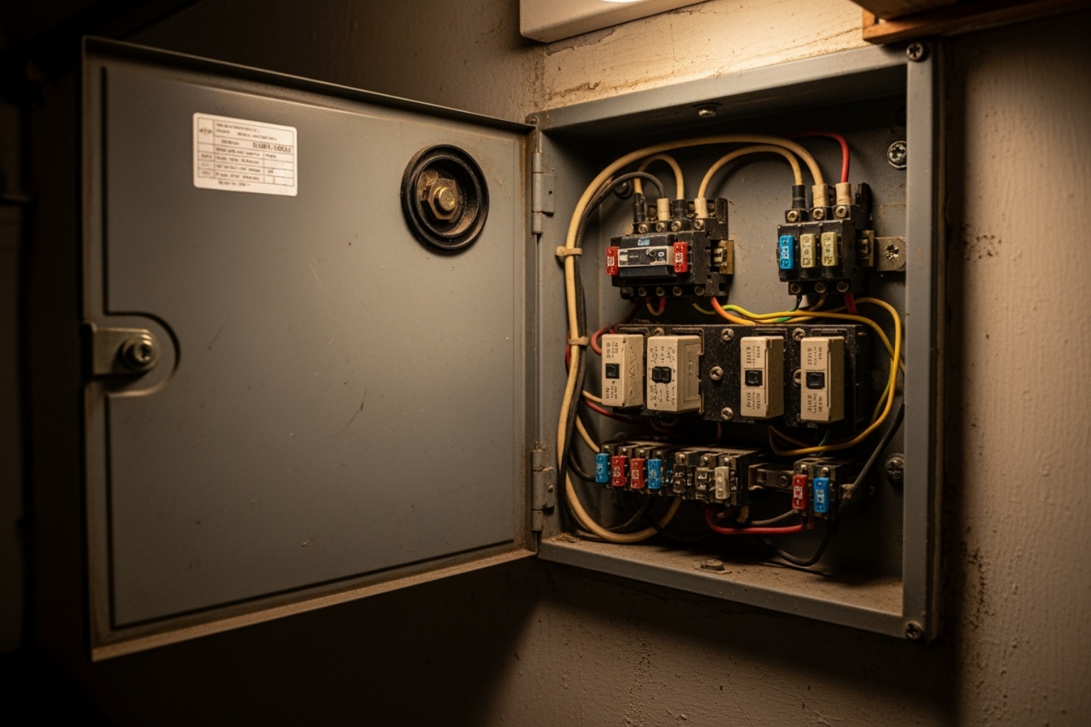 Electrical panel with open cover showing fuses and wiring - changing a fuse box to a breaker box Electrical panel with open cover showing fuses and wiring - changing a fuse box to a breaker box