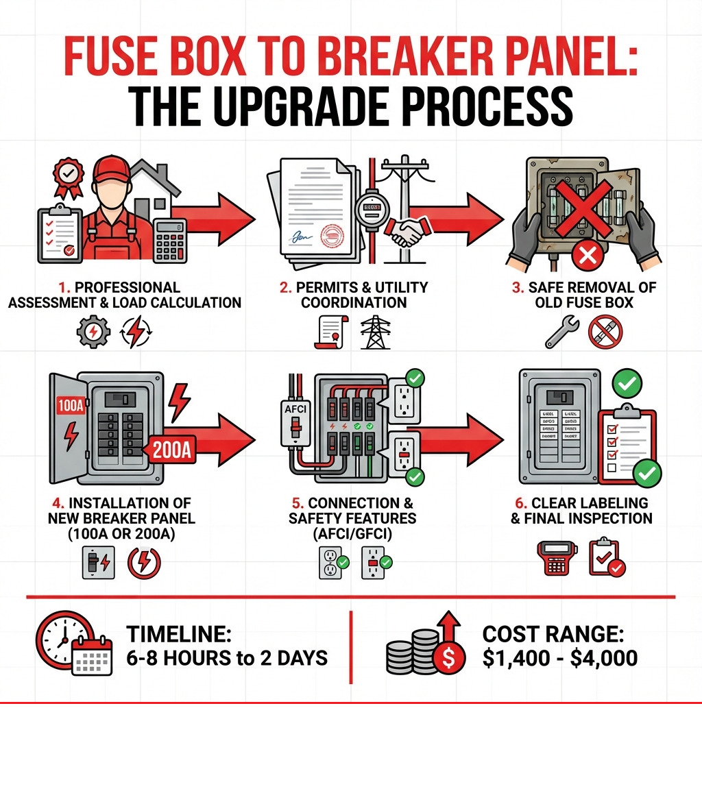 Infographic showing the upgrade process from fuse box to breaker panel: 1. Professional assessment and load calculation, 2. Permits and utility coordination, 3. Safe removal of old fuse box, 4. Installation of new breaker panel with proper amperage (100A or 200A), 5. Connection of existing circuits with safety features like AFCI and GFCI, 6. Clear labeling and final inspection. Timeline: 6-8 hours to 2 days. Cost range: $1,400-$4,000. - changing a fuse box to a breaker box infographic Infographic showing the upgrade process from fuse box to breaker panel: 1. Professional assessment and load calculation, 2. Permits and utility coordination, 3. Safe removal of old fuse box, 4. Installation of new breaker panel with proper amperage (100A or 200A), 5. Connection of existing circuits with safety features like AFCI and GFCI, 6. Clear labeling and final inspection. Timeline: 6-8 hours to 2 days. Cost range: $1,400-$4,000. - changing a fuse box to a breaker box infographic