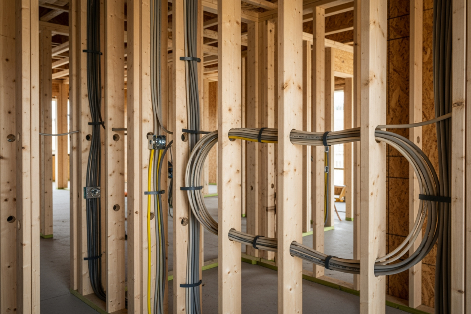 Electrical cables run through wall studs during rough-in phase of new construction - new construction wiring Electrical cables run through wall studs during rough-in phase of new construction - new construction wiring