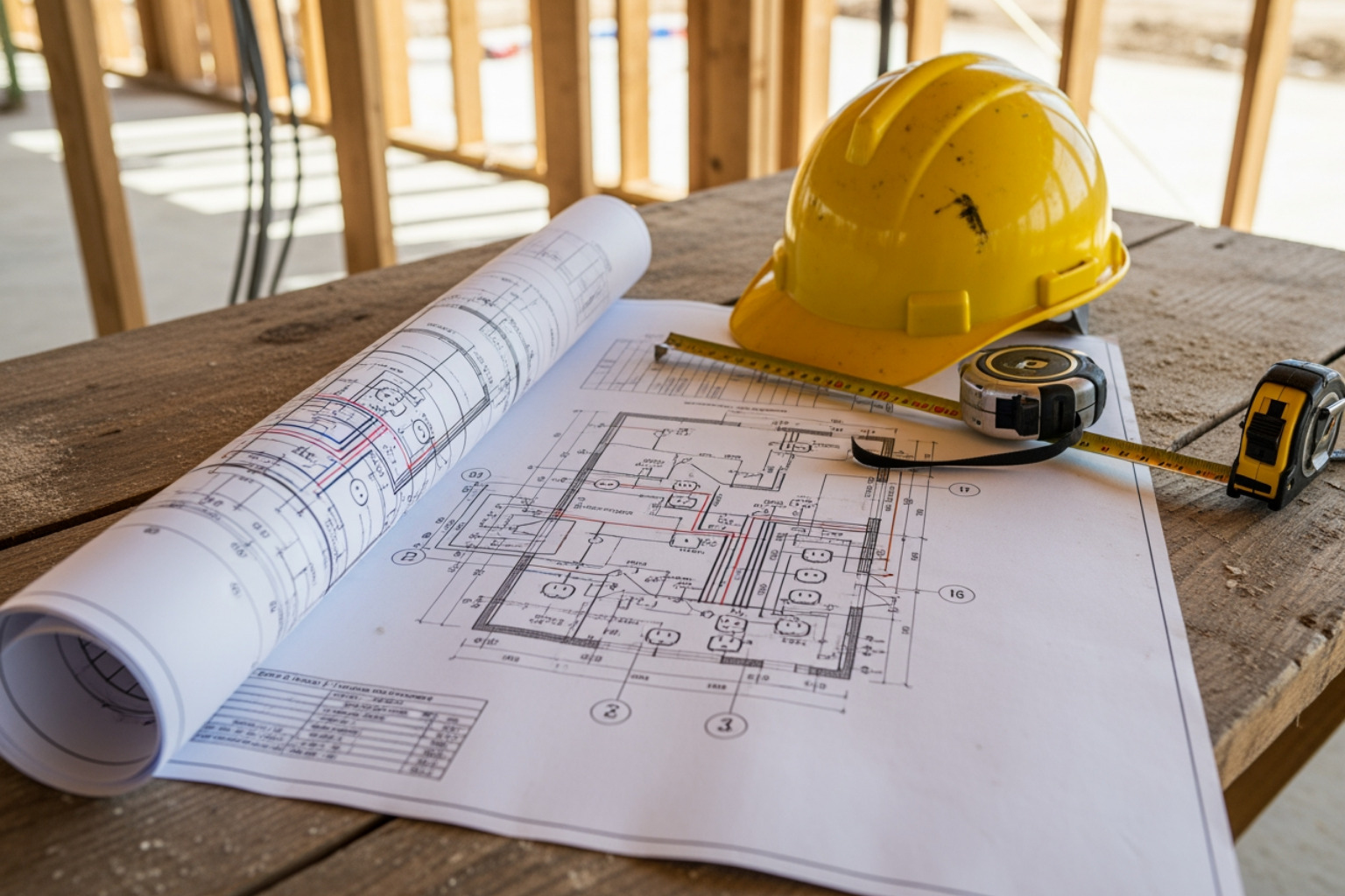 Electrician and homeowner looking over blueprints at a new home construction site - new construction wiring Electrician and homeowner looking over blueprints at a new home construction site - new construction wiring