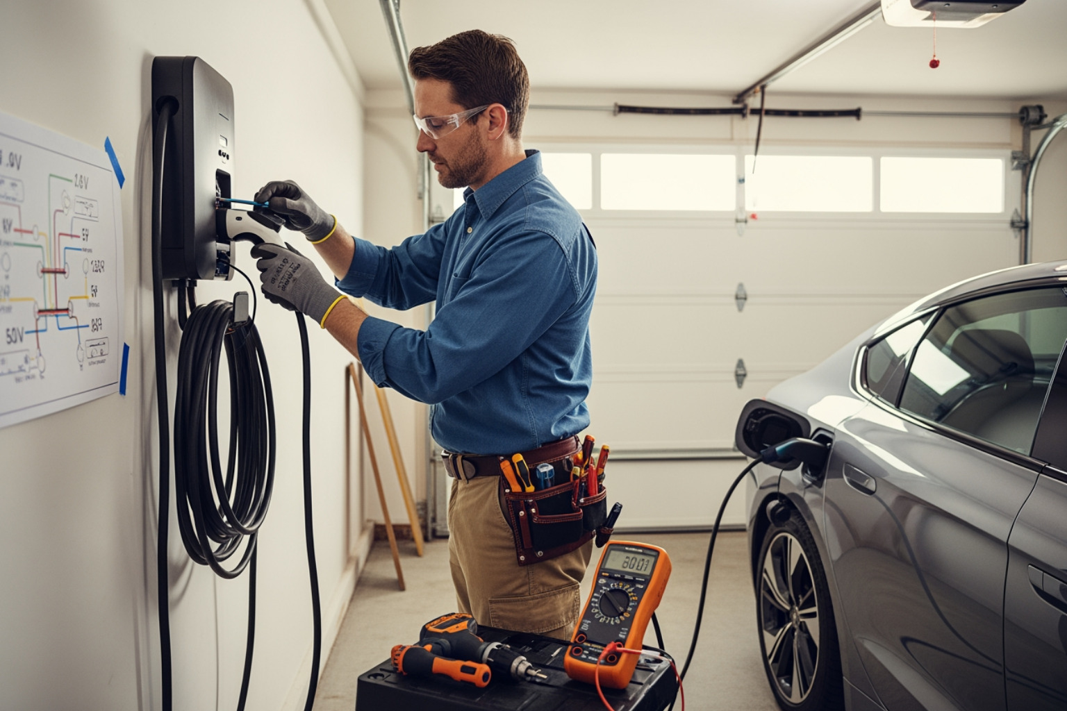 Open residential electrical panel with clear labels - EV charger installation guide Open residential electrical panel with clear labels - EV charger installation guide