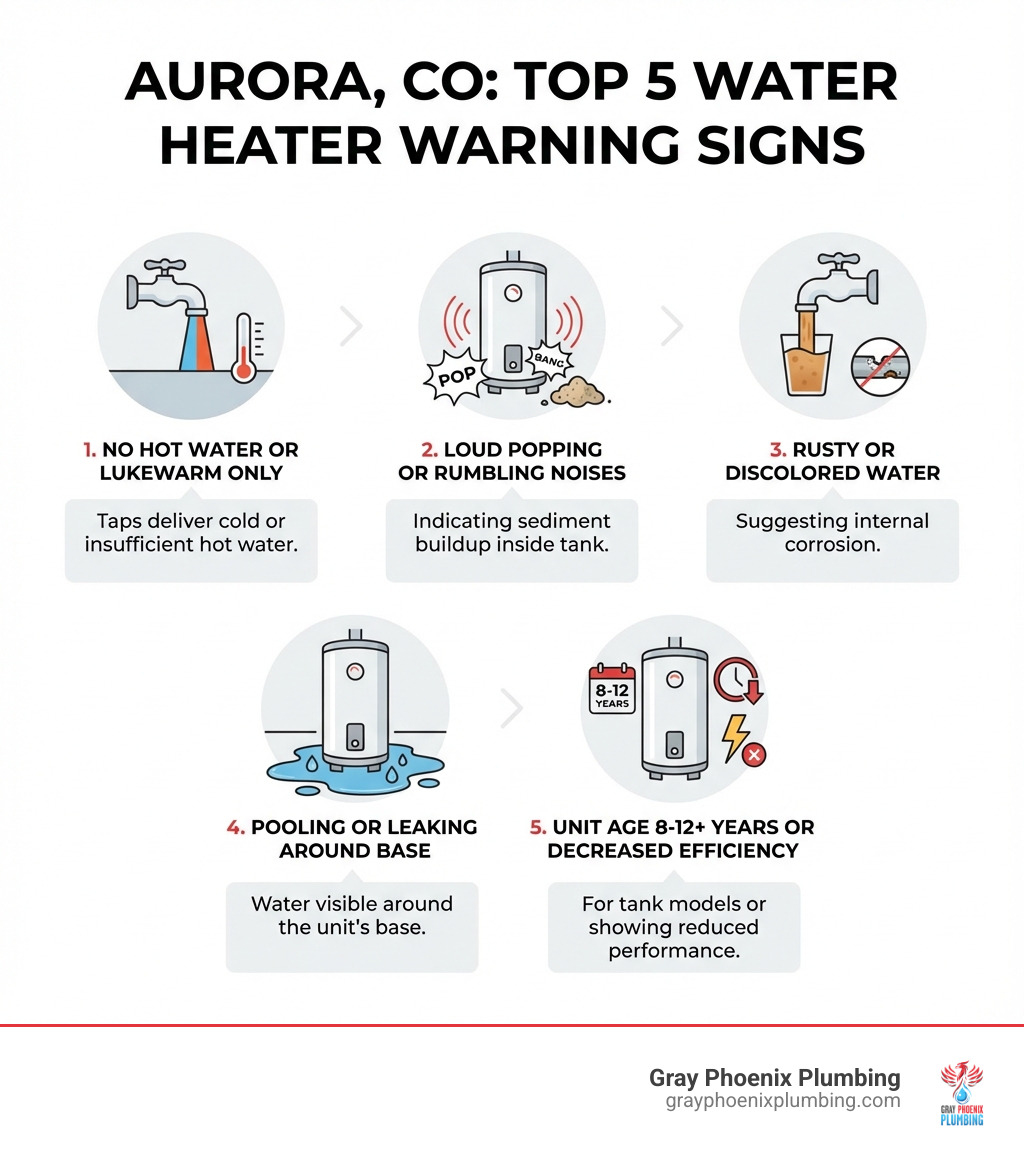 Infographic showing the top 5 warning signs that your water heater needs professional attention in Aurora CO: 1. No hot water or only lukewarm water coming from taps, 2. Loud popping, rumbling, or banging noises from the tank indicating sediment buildup, 3. Rusty or discolored water suggesting internal corrosion, 4. Water pooling or leaking around the base of the unit, 5. Unit is 8-12 years old for tank models or showing decreased efficiency - water heater repair aurora co infographic 