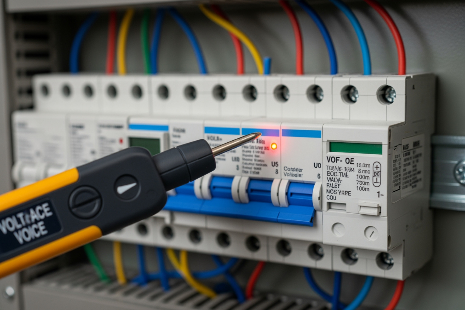 person using voltage tester in panel - changing breaker in panel person using voltage tester in panel - changing breaker in panel